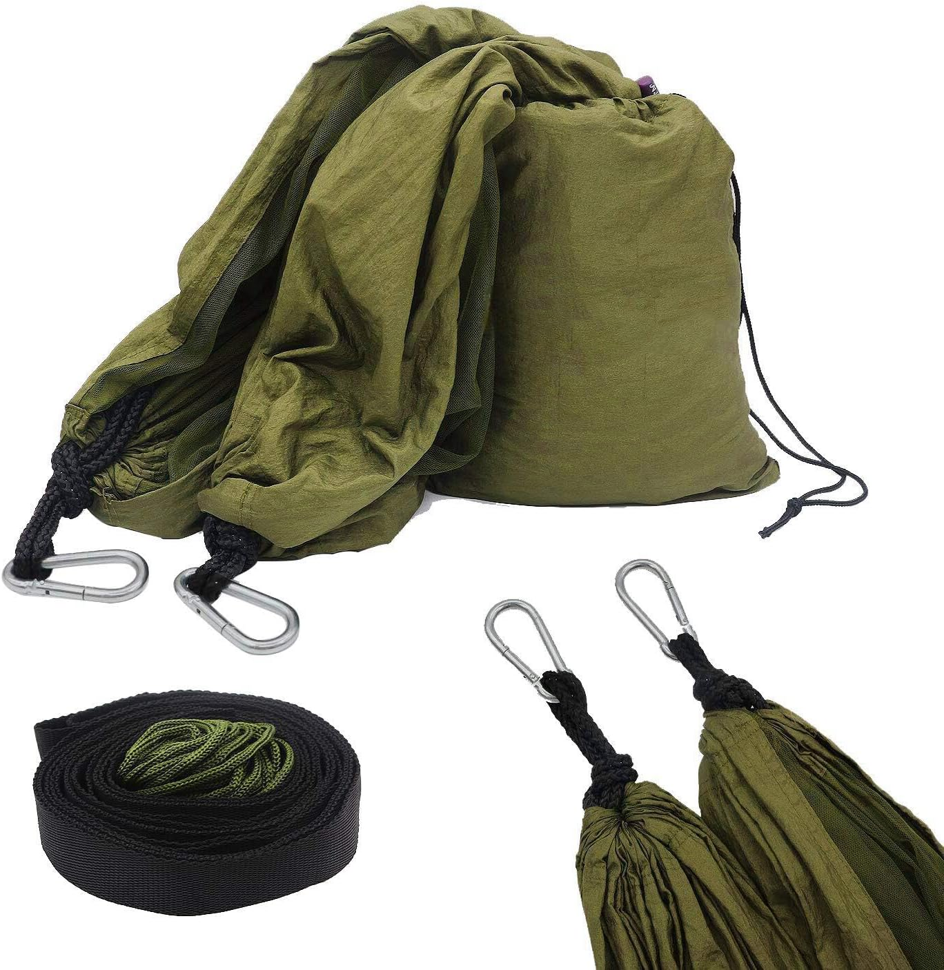 Camping Hammock with Net, Lightweight Portable Double Parachute Hammocks, 210T Nylon, High Capacity and Tear Resistance, Perfect for Camping, Backyard Relaxation (Armygreen)