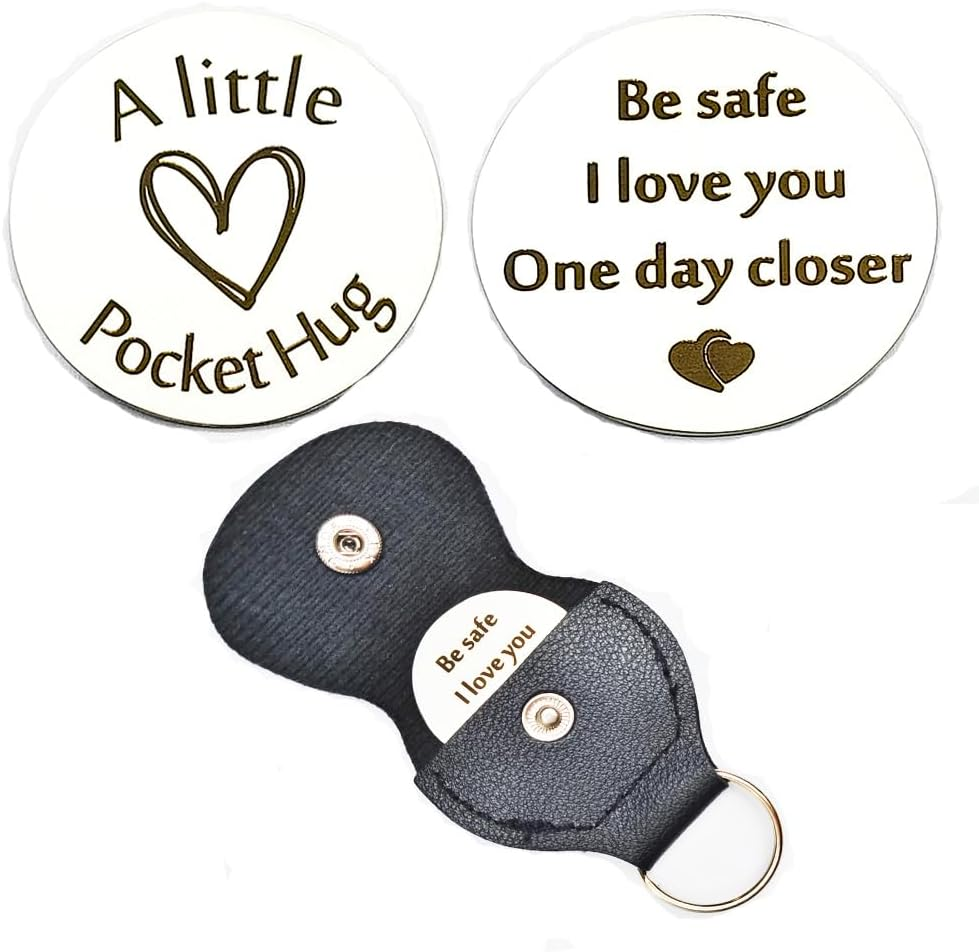 Pocket Hug Token Keychain Long Distance Relationship Hug Tokens Keepsake Stainless Steel Double Sided Pocket Hugs Token Christmas Birthday Gifts with PU Leather Keychain