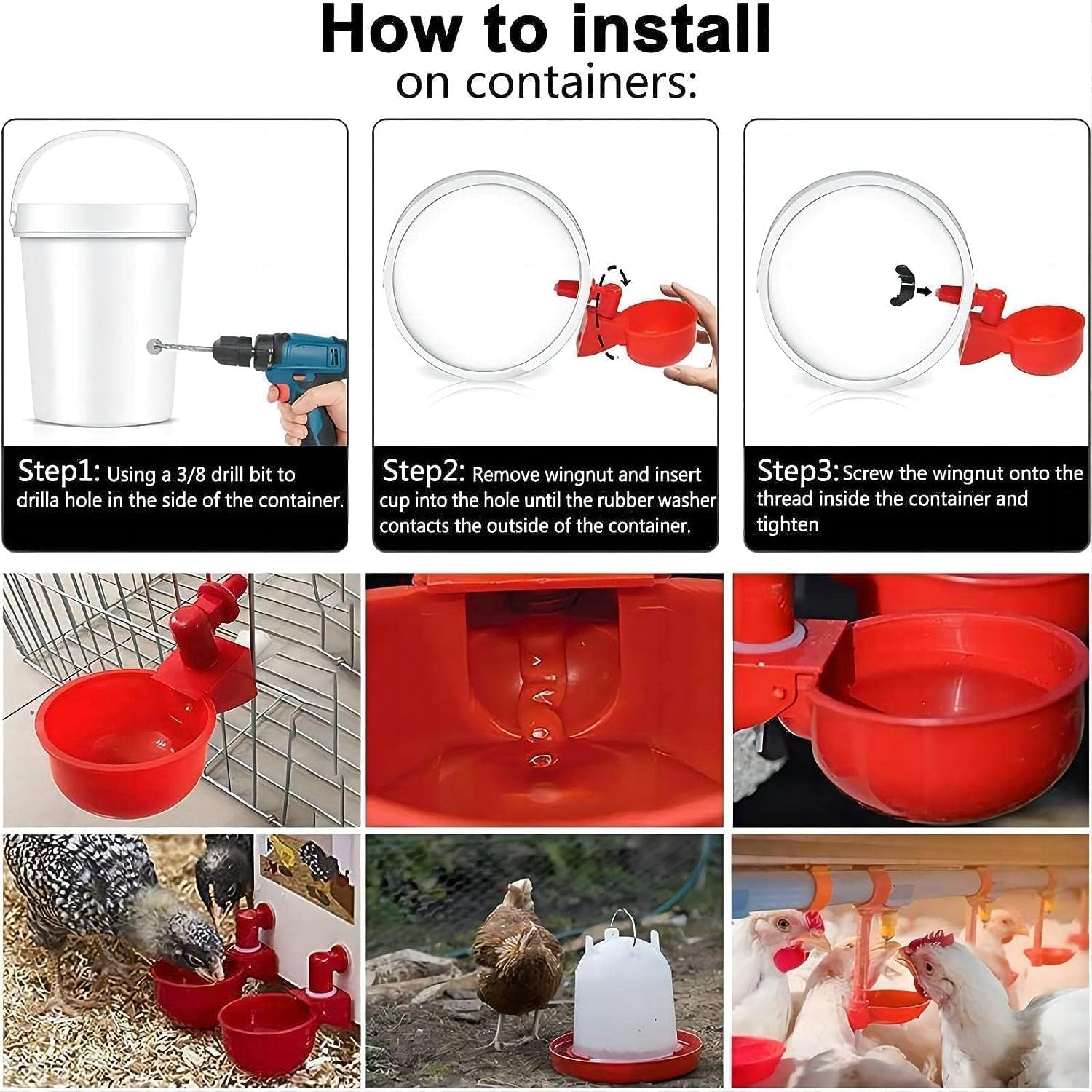 [12 Pack] Chicken Water Cups with PVC Tee, Automatic Waterer Kit for Poultry, DIY Water Feeder for Chicken Duck Quail Turkey, Chicken Water Nipples,Red image number 3