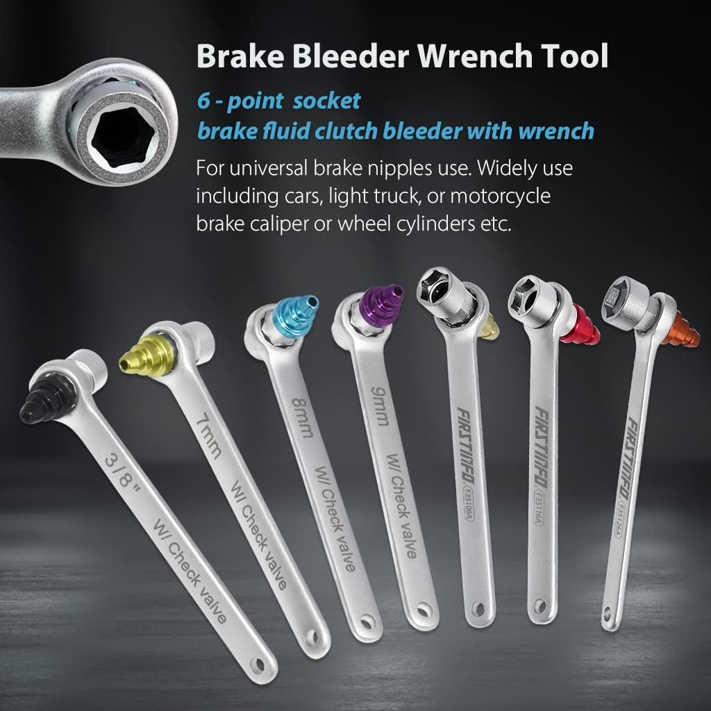 FIRSTINFO F35232 Patented Brake Bleeder Wrench Set 7-12Mm & 3/8-Inch 6 Point Socket Brake Bleeding Wrench Built-In One-Way Check Valve with Oil Drain Hose image number 4
