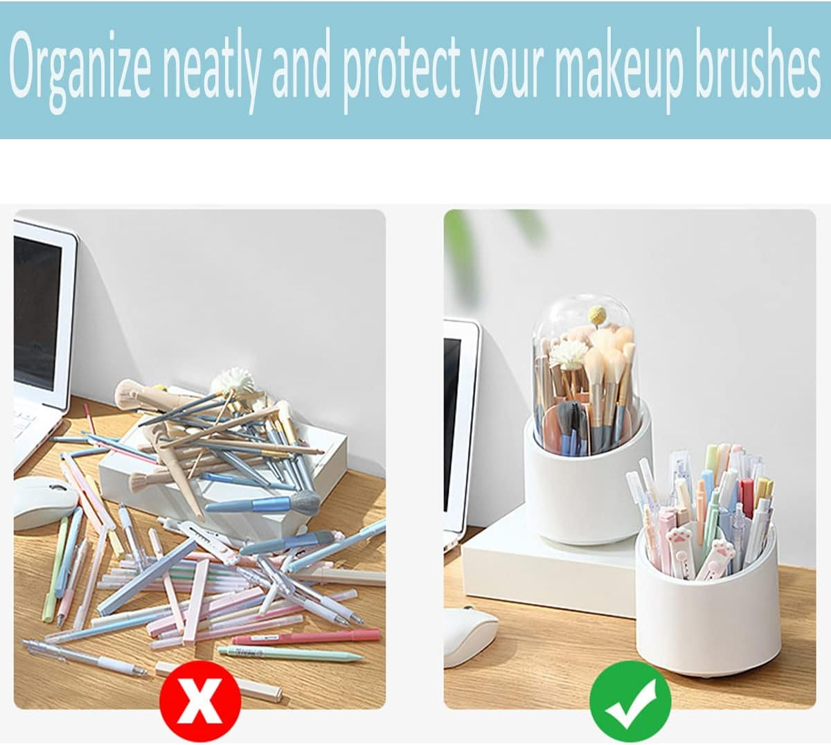 Makeup Brush Holder,360&deg; Rotating Cosmetic Organiser, Make up Storage Cosmetic Box with Dustproof Lid, for Dresser, Bedroom, Bathroom,Cosmetic Display Cases(Pearl Girl Pink)