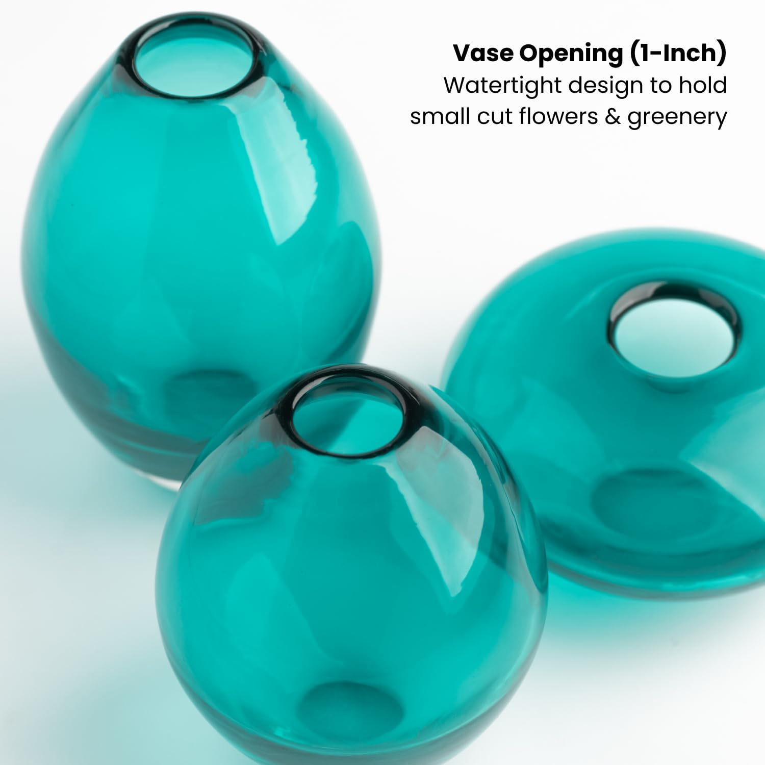 Torre & Tagus Mini Glass Vases | Art Glass Bud Vase Set of 3 Small Flower Vases for Home Decor, Dark Teal Vase for Table Decor, Handblown Clear Glass Vases for Flowers, Handmade Glass Teal Decor - Turquoise image number 3
