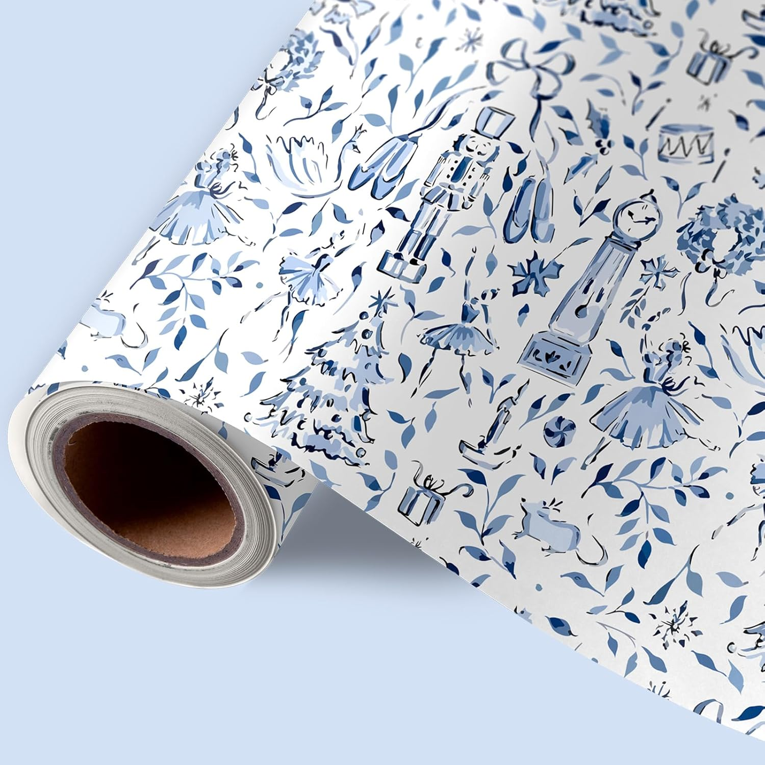 Jarthenaamcs Christmas Wrapping Paper - Mini Roll - 17 Inch X 32.8 Ft Blue Xmas Tree Nutcracker Gift Wrap Paper Decorative Art Paper for DIY Crafts Supplies image number 6