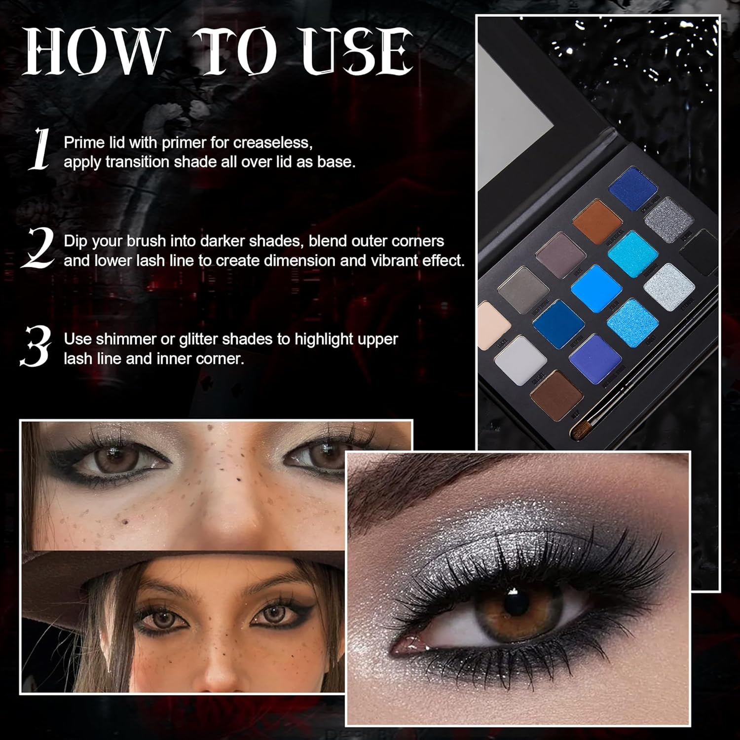 VANERIA Black Smokey Eye Shadow Palette,15 Colors Matte Glitter Metalli Eyeshadow Palette,Long Lasting Waterproof Pallete (Goth Red) - Goth Blue image number 3