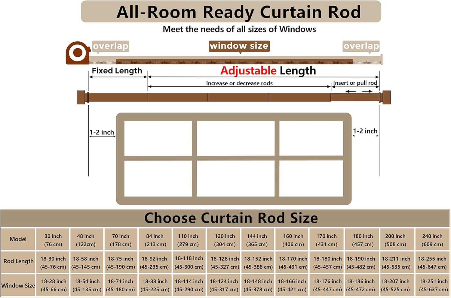 Curtain Rods 304 Cm, 327-Cm Rod, Adjustable Length Heavy Duty Decorative Finials Diameter 2.2 Cm,10 Ft, Black