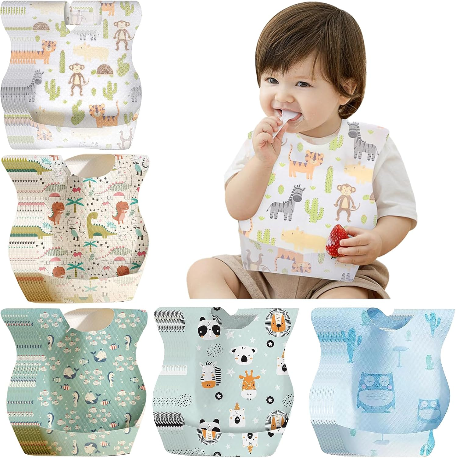 Zoney 50 PCS Disposable Bibs,Portable Baby Bibs for Girls and Boys, Travel Bibs with Individual Package, with Food Catcher Pocket, Waterproof and Adjustable,Toddlers Outdoor Feeding