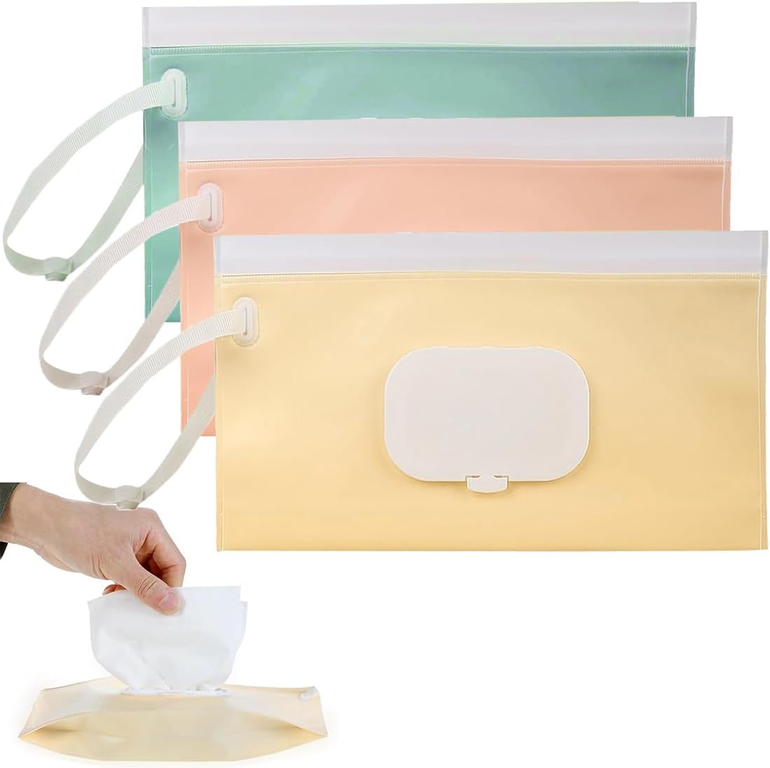 Baby Care Wipes Boxes 3 Pack Wipe Dispenser, Portable Refillable Wipe Container, Reusable Travel Wipe Dispenser, Waterproof and Dustproof (Pink, Green and Beige) image number 1