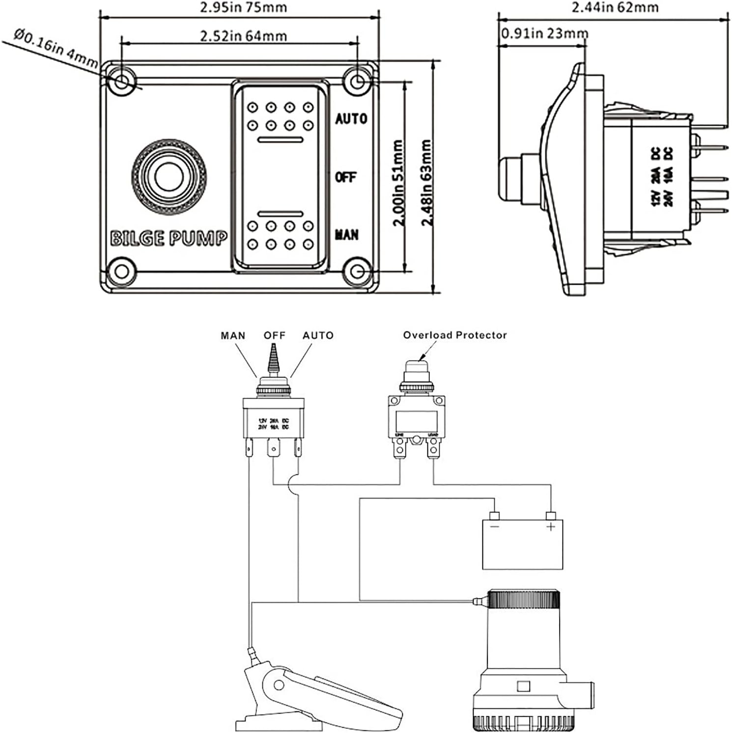 3 Way Bilge Pump Switch,3 Way Bilge Pump Switch Panel Auto off Manual 12V 24V with LED Indicator Built in 15A Circuit Breaker image number 3