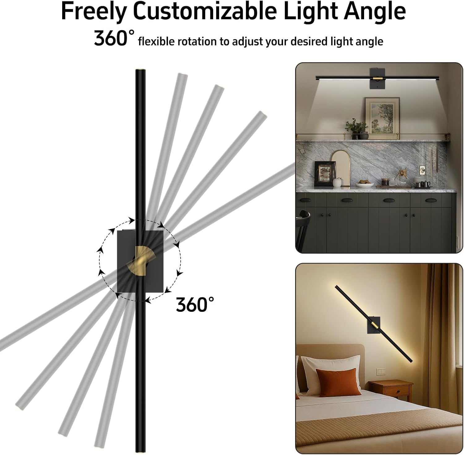 Battery Operated Wall Sconces Set of 2 &ndash; 10000Mah Rechargeable Wall Lights with Touch & Remote Control, 360&deg; Rotating Wireless Wall Lamps for Bedroom, Living Room, Hallway (80Cm, Black Gold)