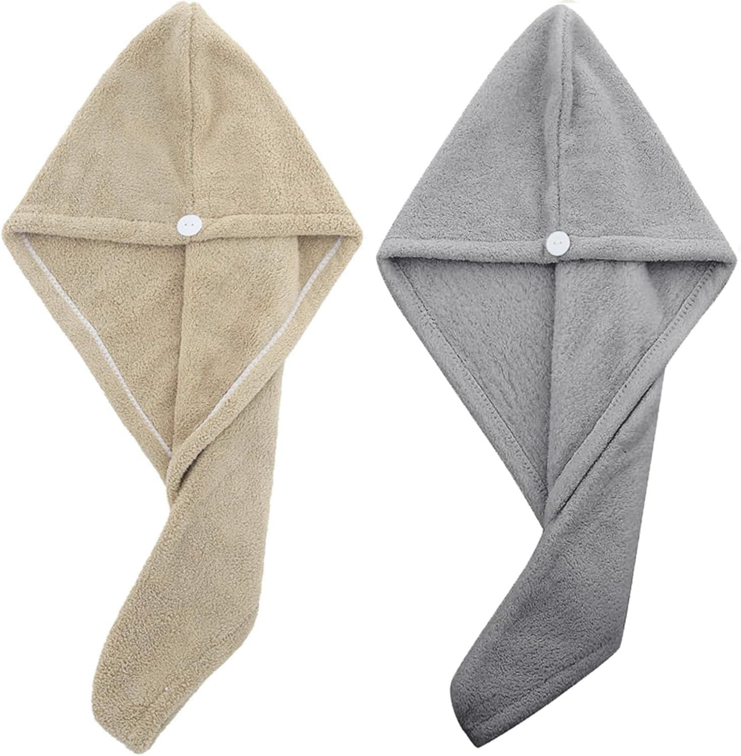 2PCS Microfiber Hair Towel - Super Absorbent Hair Turbans for Wet Hair- anti Frizz Head Towels Wrap - Drying Towels with Button for Long Curly and Thick Hair (Coffee + Grey) image number 3
