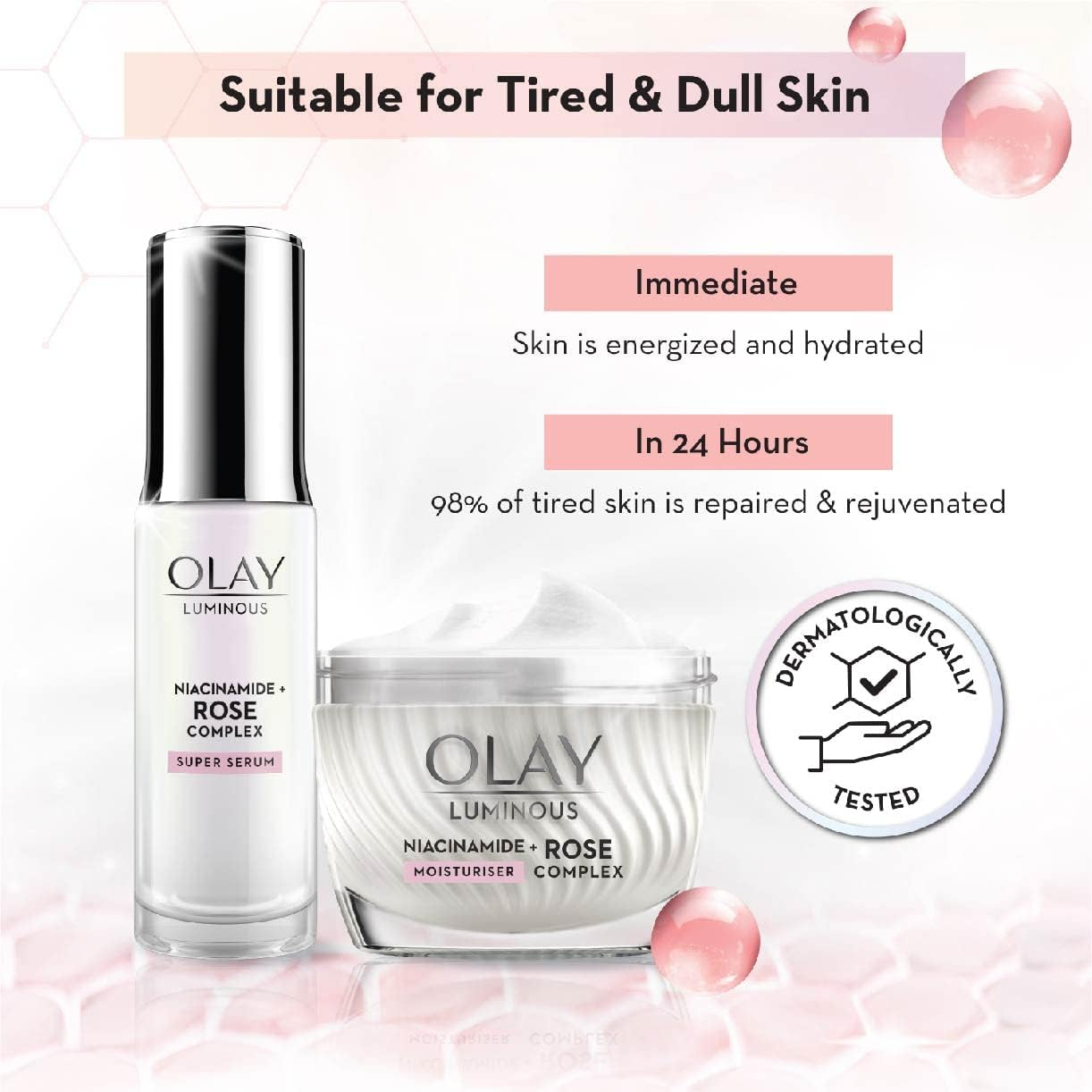 OLAY LUMINOUS 30Ml NIACINAMIDE + ROSE COMPLEX SUPER SERUM REPAIRS TIRED and DULL SKIN image number 4