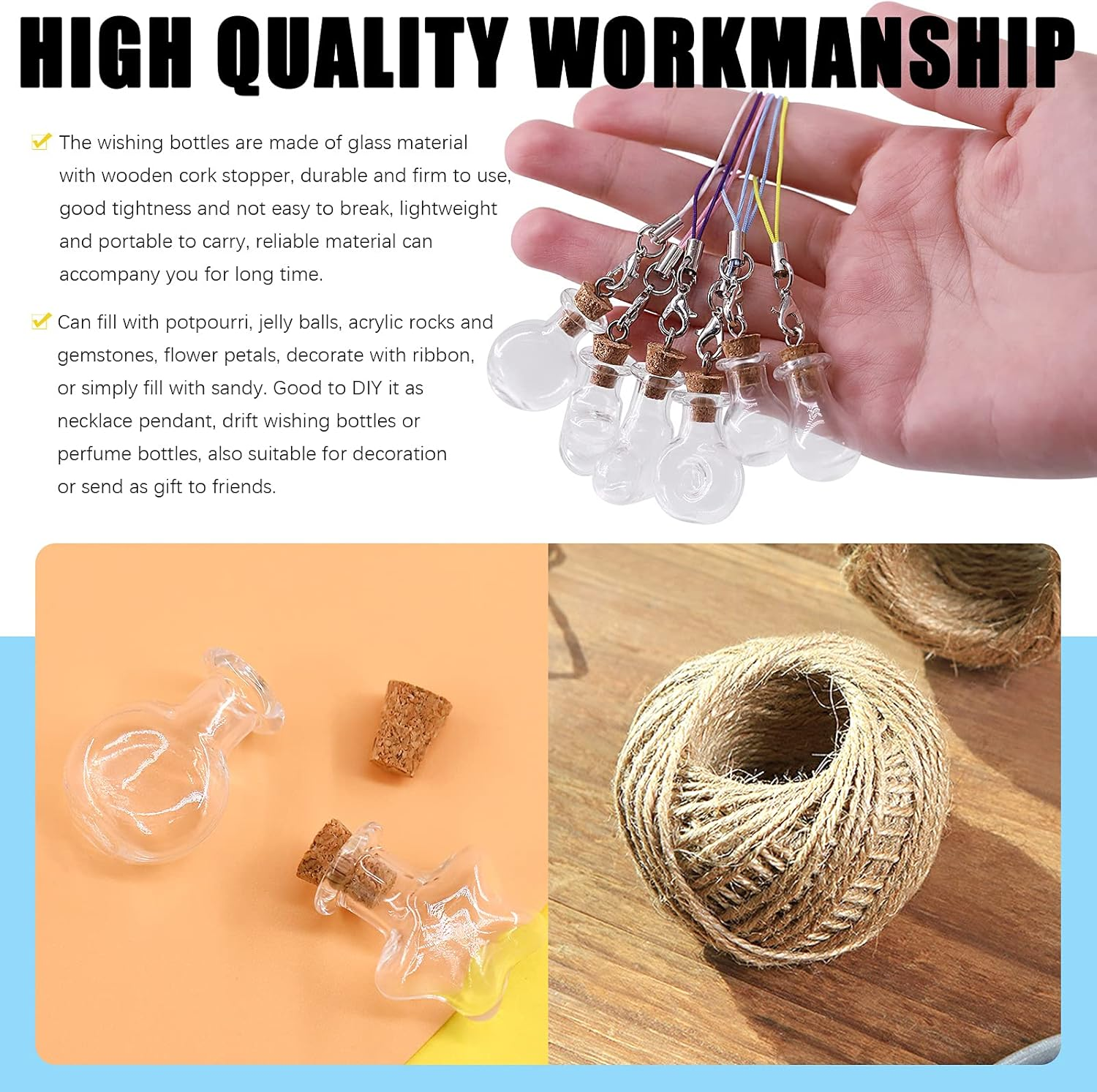 Mardatt 48Pcs 6 Shapes Mini Glass Bottles with Cork Lids Wish Bottles Glass Favor Jars, 50Pcs Eye Screws, 30 Meters Twine for DIY Crafts, Home Decor, Party Favors image number 5