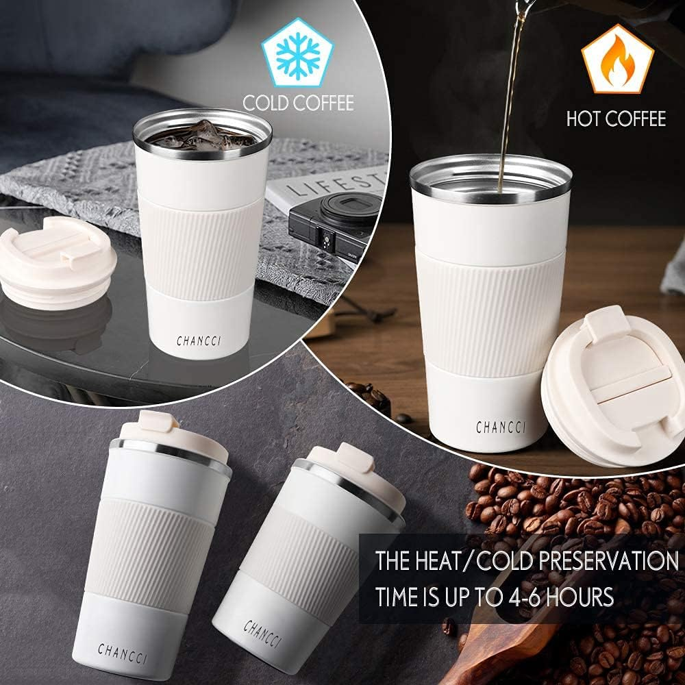 Trave Coffee Mug, 17 Oz Insulated Coffee Travel Mug Spill Proof for Men Women, Stainless Steel Vacuum Tumbler Coffee Cup Leakproof with Flip Lid Reusable Thermal Coffee Cup with Silicone Sleeve for Home Office Hot/Iced Beverage -510Ml/17Oz, White image number 4