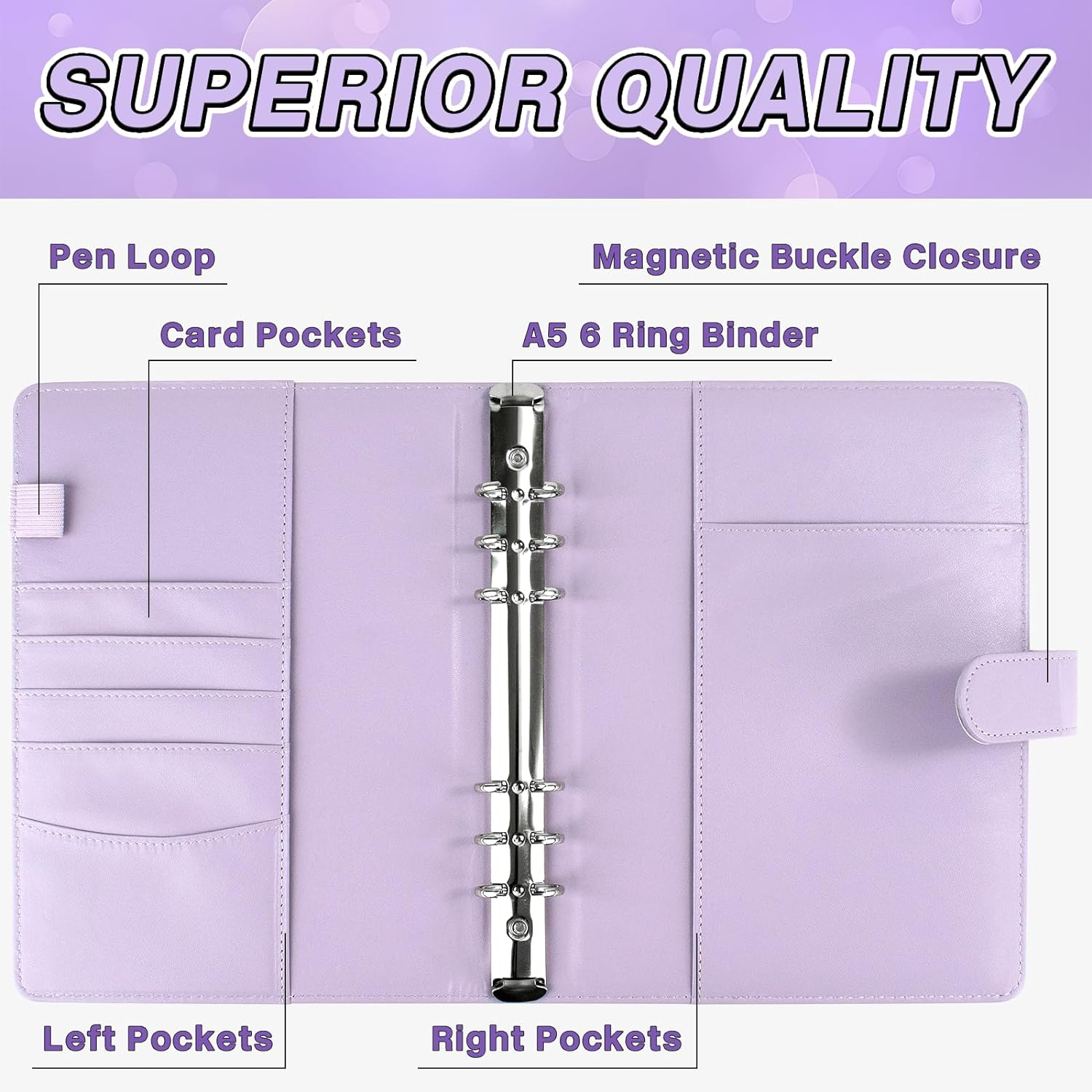 A5 Kpop Photocard Binder Album with 200 Card Slots, PU Leather Cover with Magnetic Buckle Closure for Organizing Trading Cards (Purple) - Black image number 6