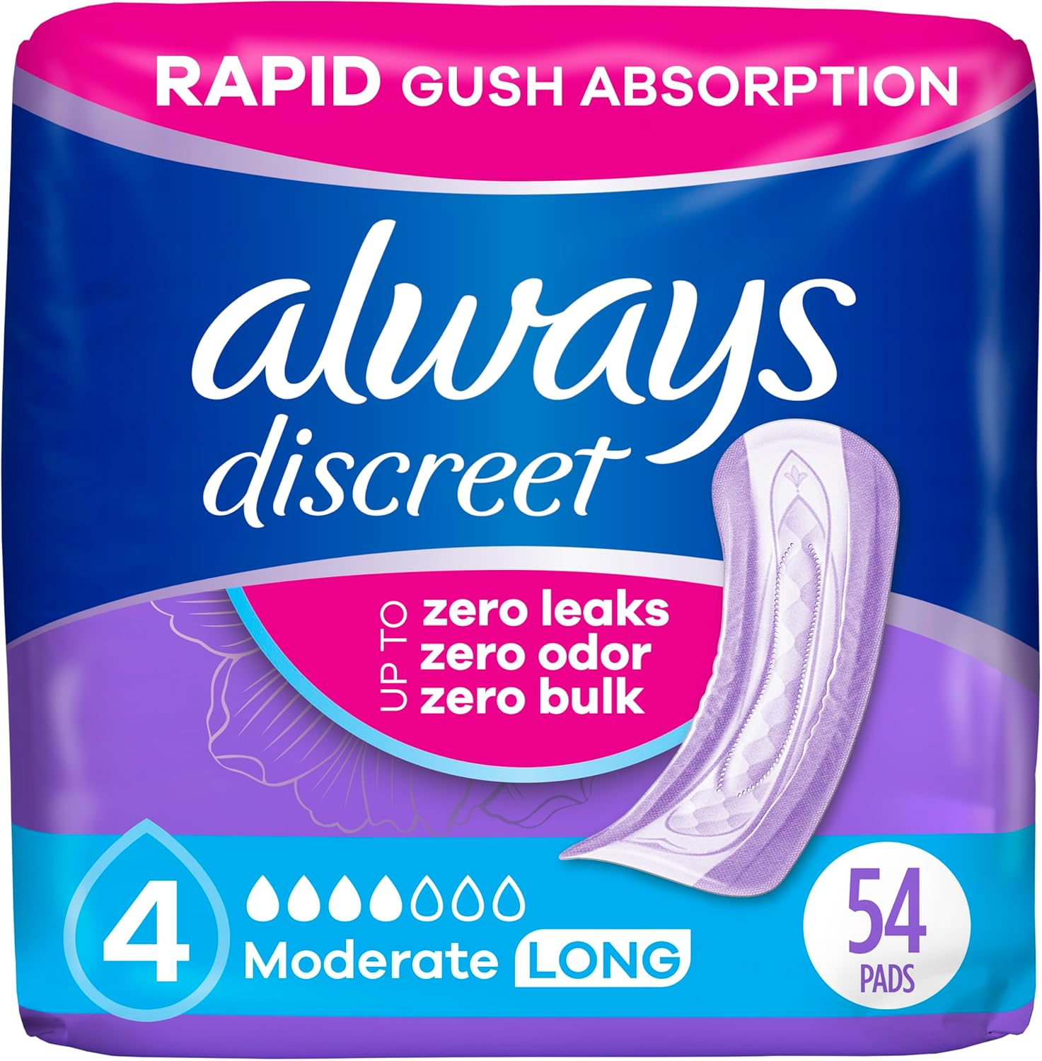 Always Discreet, Incontinence Pads, Moderate, Long Length, 54 Count