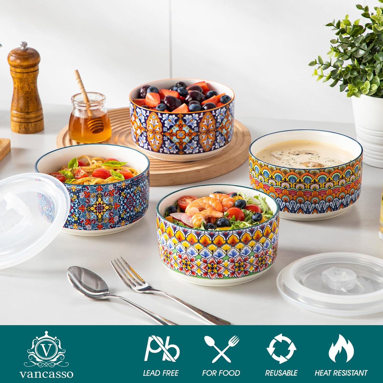 Vancasso 36 Oz Ceramic Bowls with Lids Set of 4, 6 Inch Food Storage Containers & Prep Bowls for Leftovers, Soup, Cereal, Meal Prep, Office Lunch, Microwave & Dishwasher Safe, Series SIMI image number 1