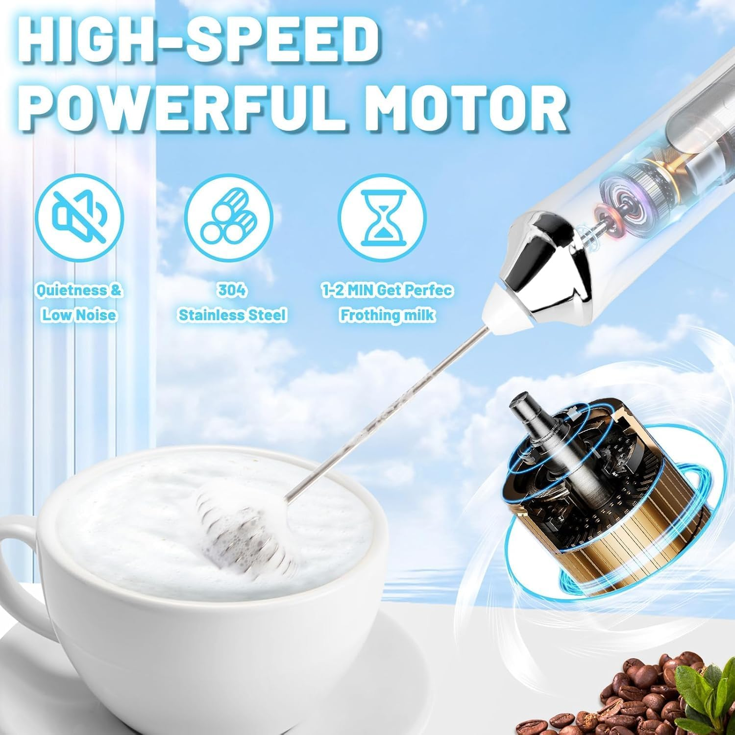 Rechargeable Milk Frother Handheld Foam Maker with 2 Stainless Whisk for Coffee, Cappuccino, Latte, Keto Diet, Protein Powder, Matcha, and Protein Shakes, Black (White)