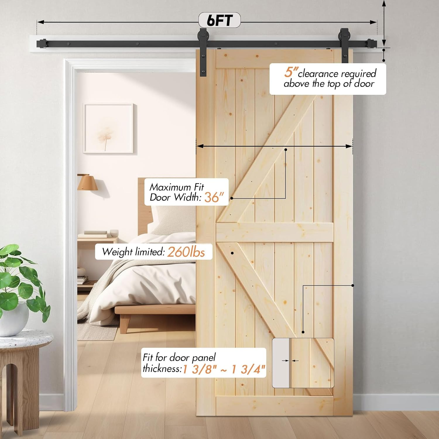 1.83M/6FT Sliding Barn Door Hardware Kit, Heavy Duty Carbon Steel, Smooth and Quiet Operation, DIY Sliding Barn Door Kit Fit 36"-40" Wide Door Panel for Bedroom Living Room Sliding Barn Door Hardware image number 1