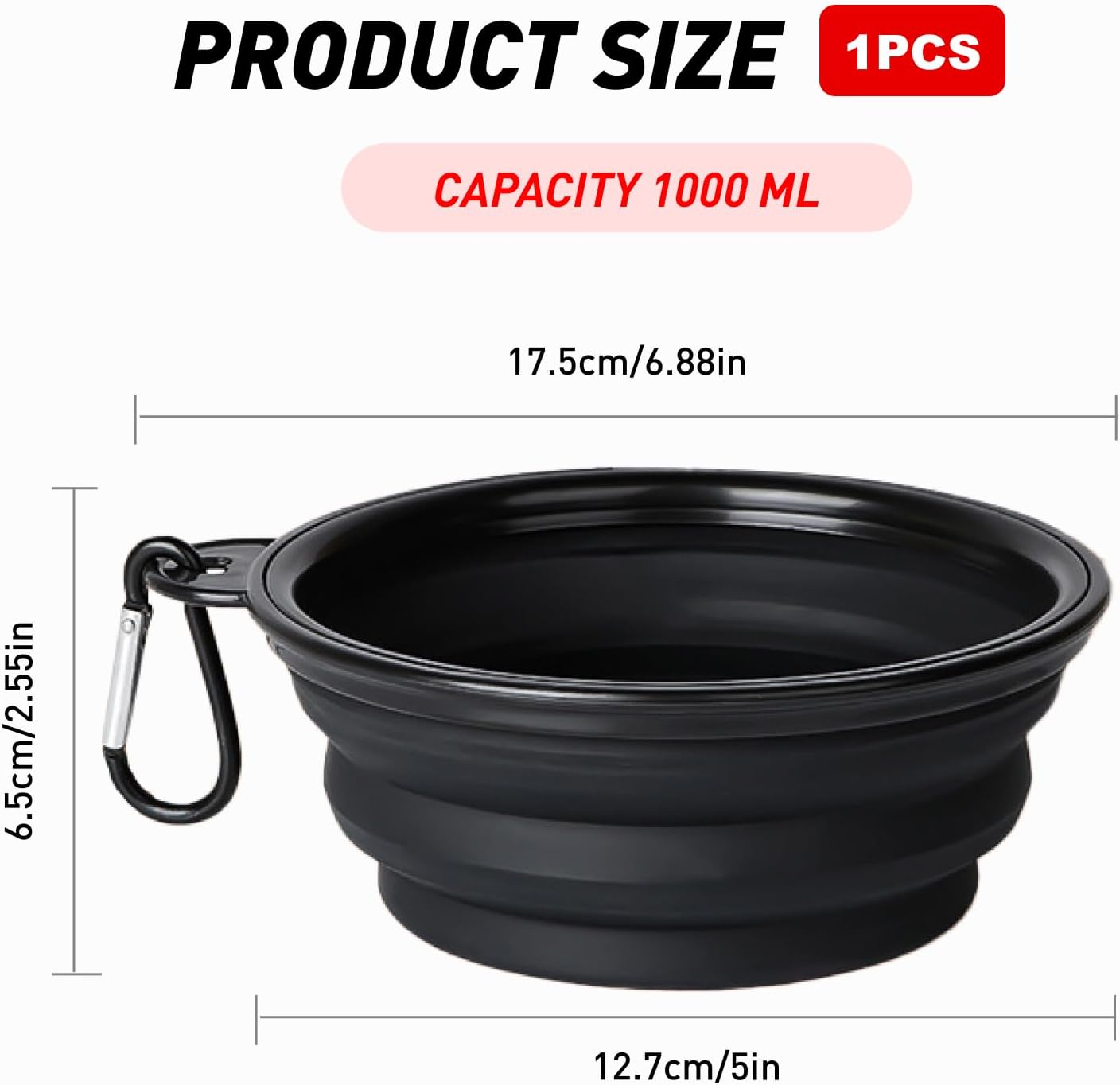 Extra Large Collapsible Dog Bowl, 1000Ml Foldable Travel Bowl for Dogs with Carabiner, Bpa-Free Silicone Food and Water Dish Perfect for Hiking, Camping, and Travel, 17.8Cm, Black XL Size image number 4