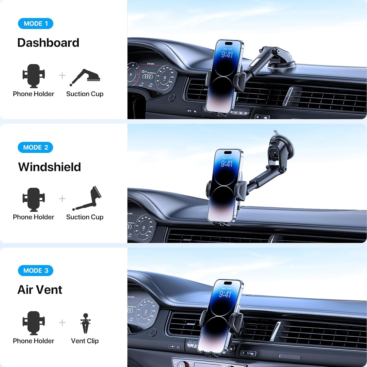 Phone Holder Car Mount for Iphone [Powerful Suction] Phone Mount for Car Dashboard Windshield Air Vent Universal Accessories Automobile Phone Holder for Iphone 15 Pro Max 14 13 XR XS for Samsung
