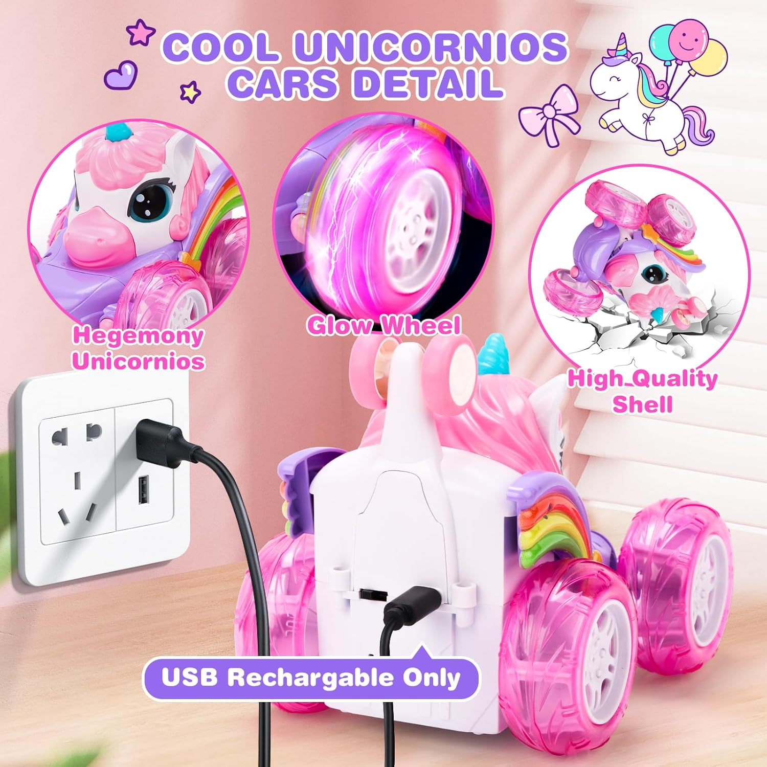 Unicorn Remote Control Car for Girls, Unicorn Toys 360&deg; Rotating 4WD Stunt RC Cars with Cute LED Lights，2.4Ghz Rechargeable RC Car Toy Birthday Gifts for Kids Girl Age 3 4-6 6-8 image number 4