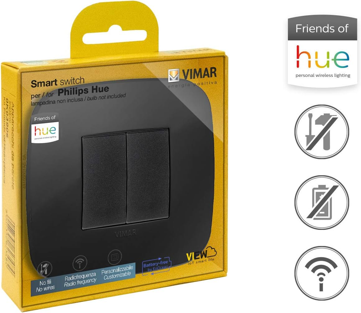 VIMAR 0K03906.08 Ark&eacute; round Friends of Hue Smart Switch Kit, Wireless Light Switch without Battery, Dimmer Switch Kit Contains Double Cover Plate, Mounting Frame, Switch and 2 Buttons image number 2