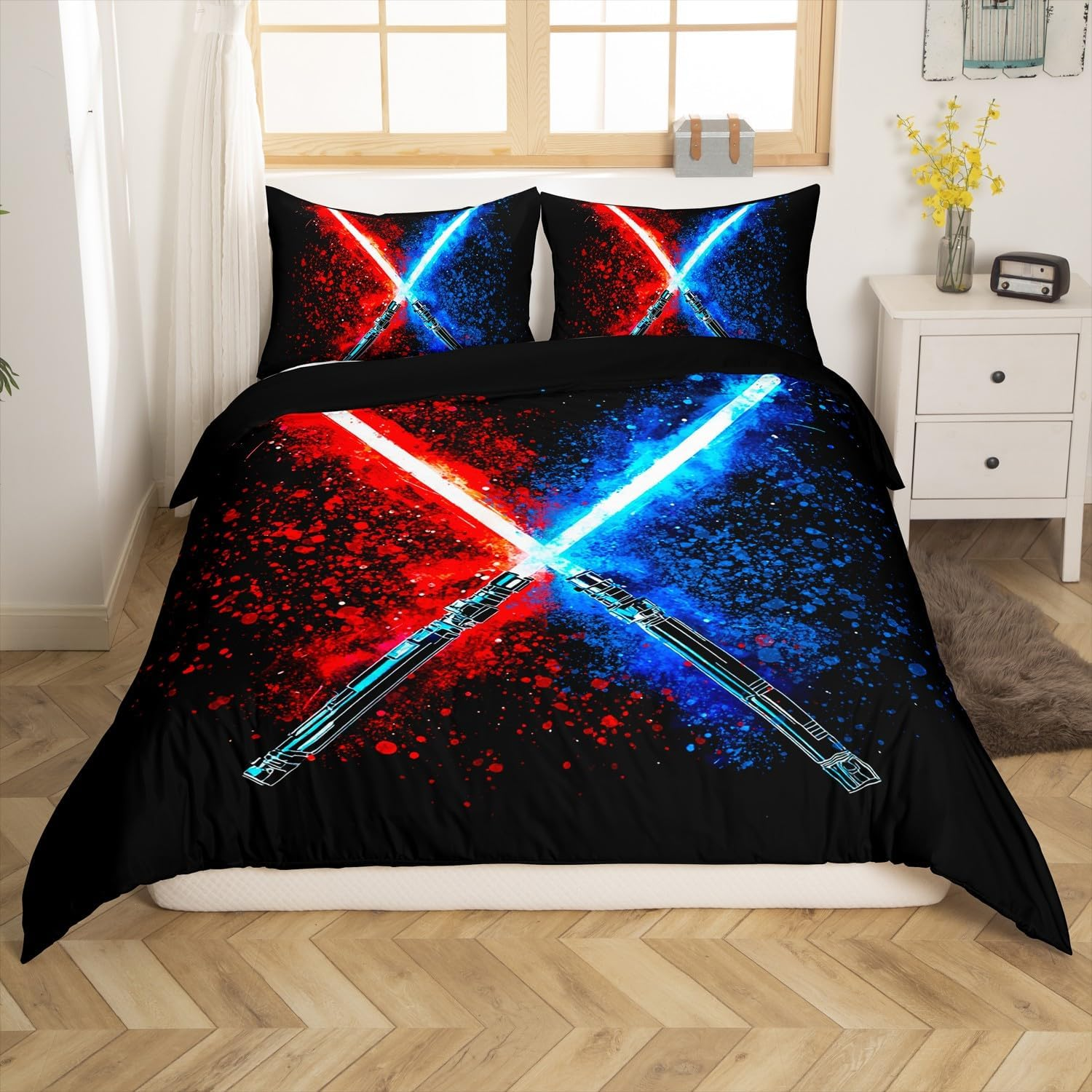 Homewish Lightsaber Bedding Set, Geometric Lines, Gradient Comforter Cover, 135 X 200 Cm, for Children, Boys, Teens, Red, Blue, Neon Flash Duvet Cover, Abstract Ombre, Lightweight Bed Set image number 1