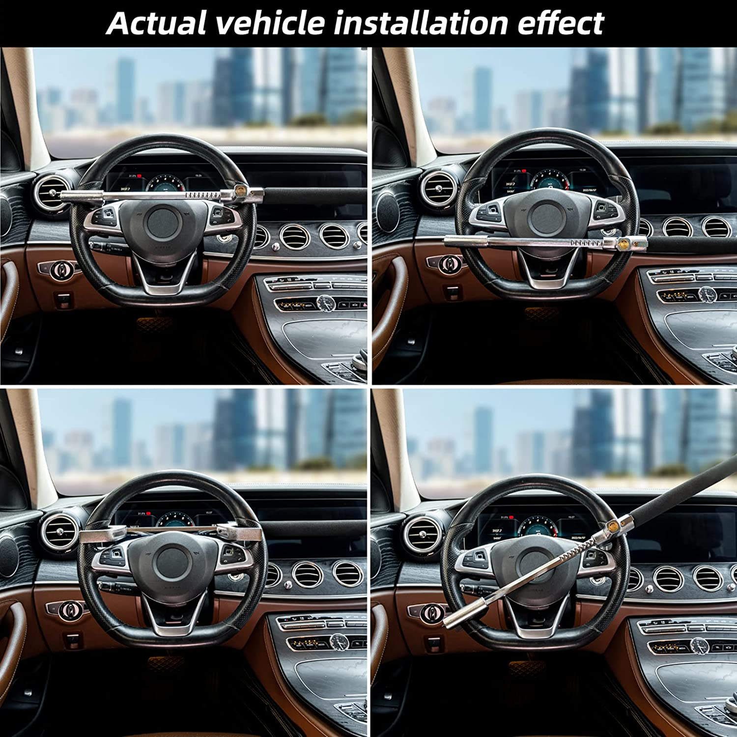 4-In-1 Steering Wheel Lock with Flashlight/Sos LED Ligth,Seat Belt Cutter,Escape Hammer,2 Keys Retractable Steering Lock,Vehicle Anti-Theft Lock，Universal for Auto/Truck/Suv/Van Black