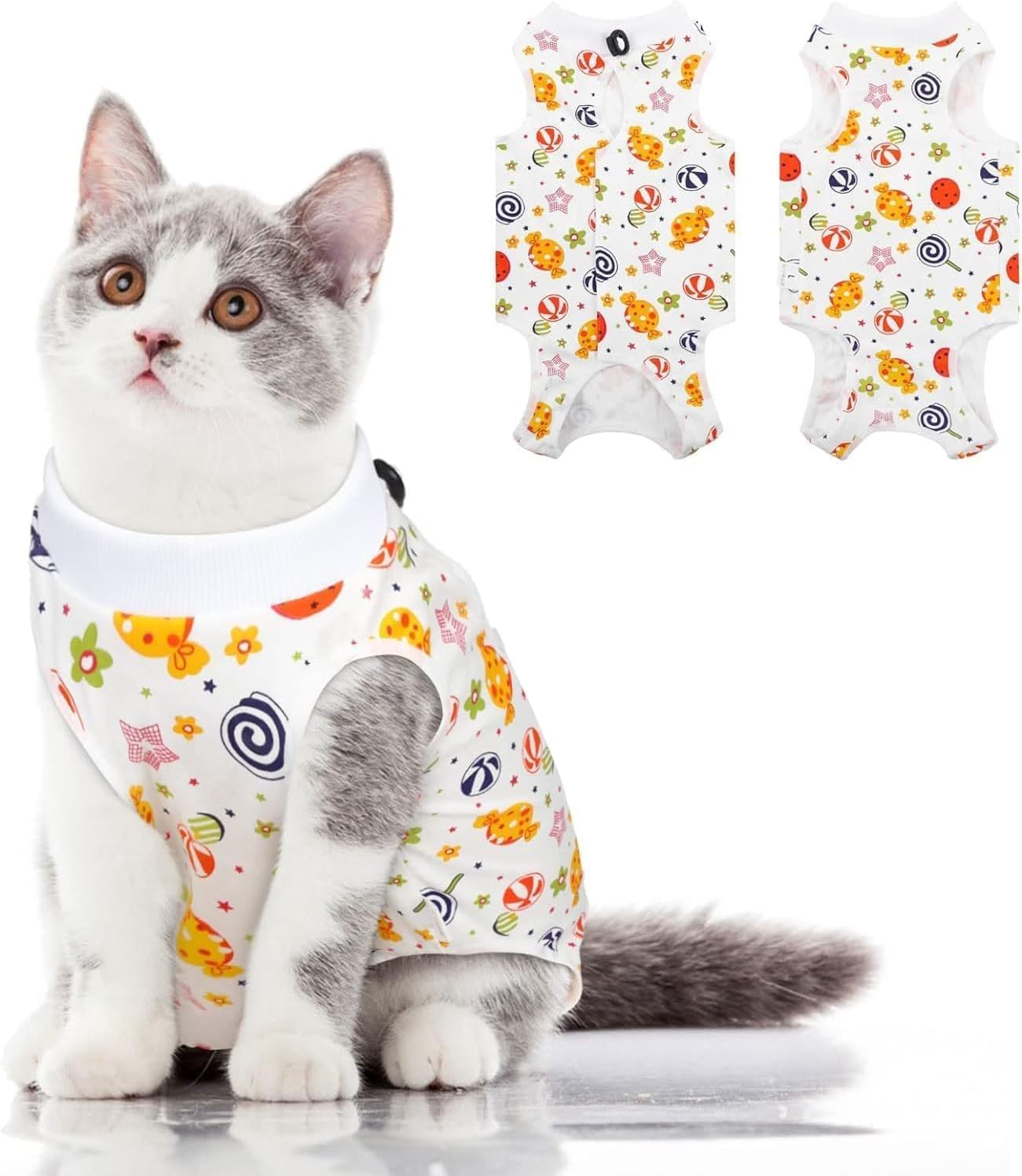 Cat Recovery Suit, Breathable Cat Bodysuit for Abdominal Wounds or Skin Dieases, Cotton Kitten Surgery Recovery Suit Onesie (Lollipop, M) image number 1