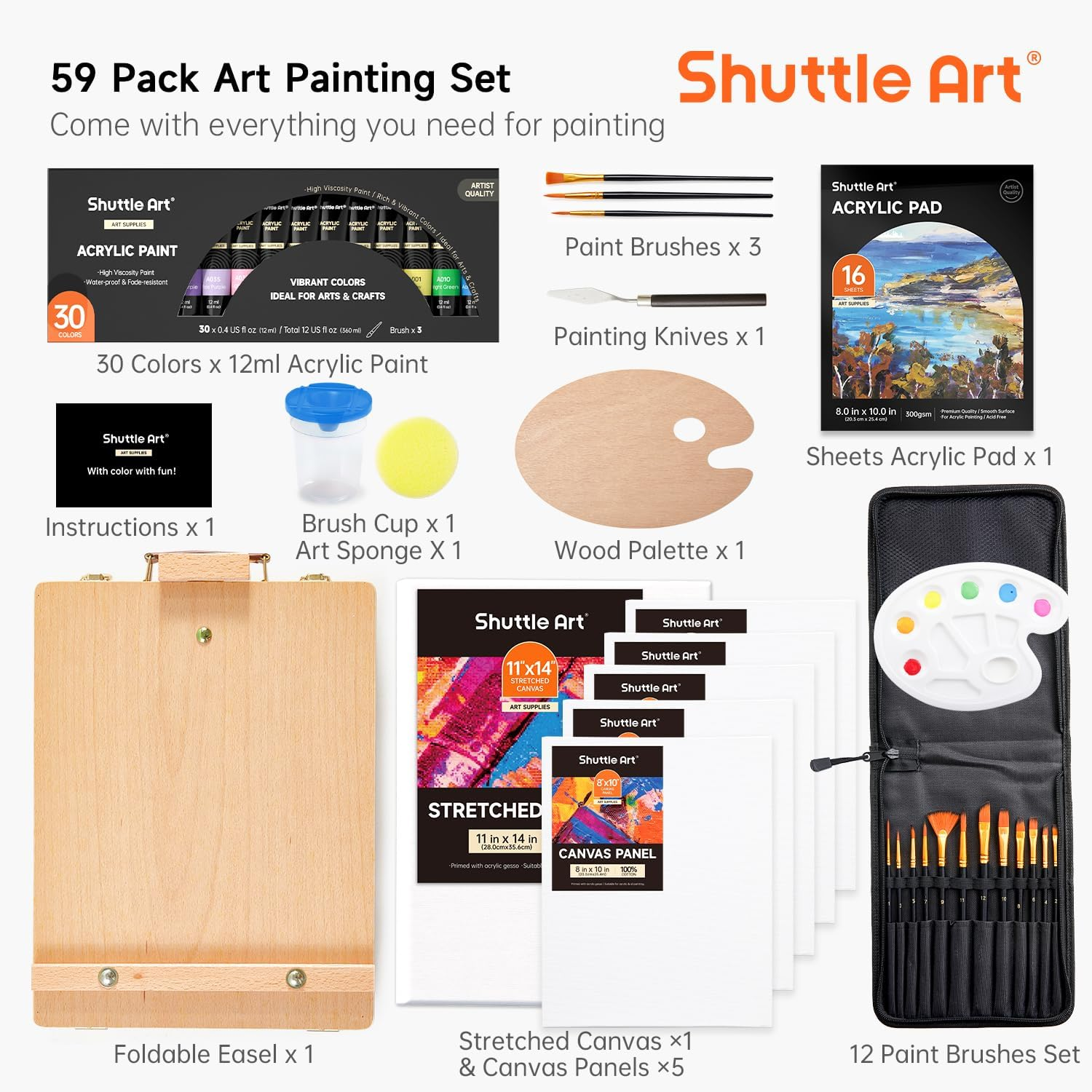 Shuttle Art Acrylic Paint Set, 59 Pack Professional Painting Supplies with Wood Tabletop Easel, 30 Colours Acrylic Paint, Canvas, Brushes, Palette, Complete Paint Sets for Adults, Kids, Artists image number 3