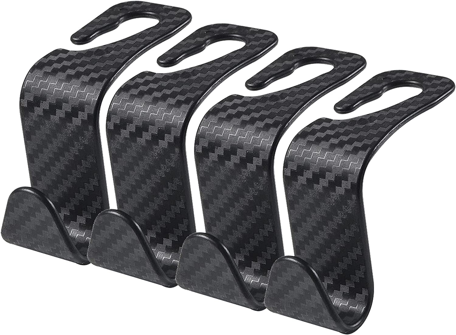 4 Pack Car Seat Headrest Hooks, Carbon Fiber Texture Purse Holder Storage Hook for Car Handbag Clothes Coats Grocery Bags, Black image number 3