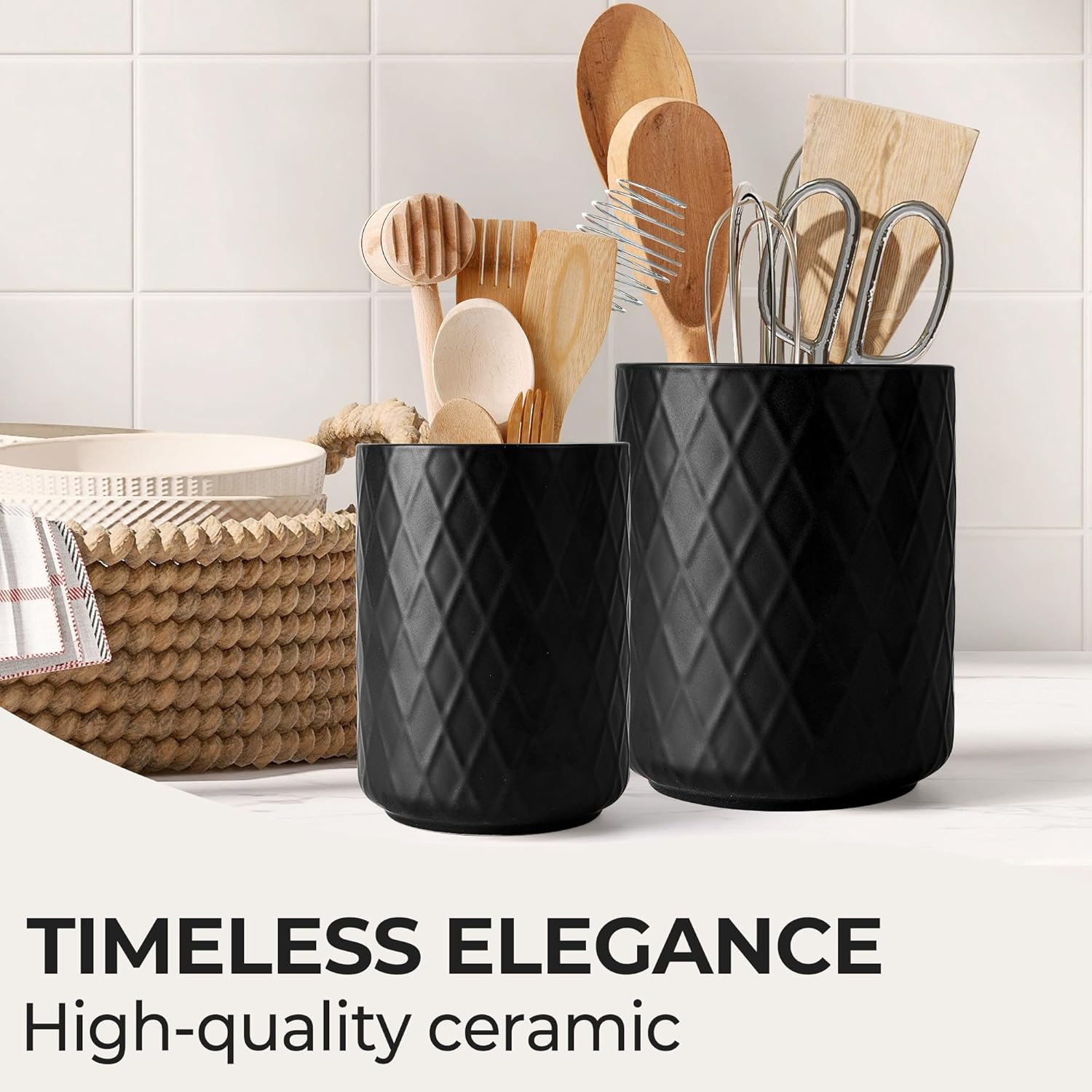 MIAMIO &ndash; Kitchen Utensil Holder Ceramic/Kitchen Organizer Set, Farmhouse Decor for Organizing Countertop and Storing Cutlery, Cooking Spoons, and Accessories - Palmanova Collection (Black) image number 1