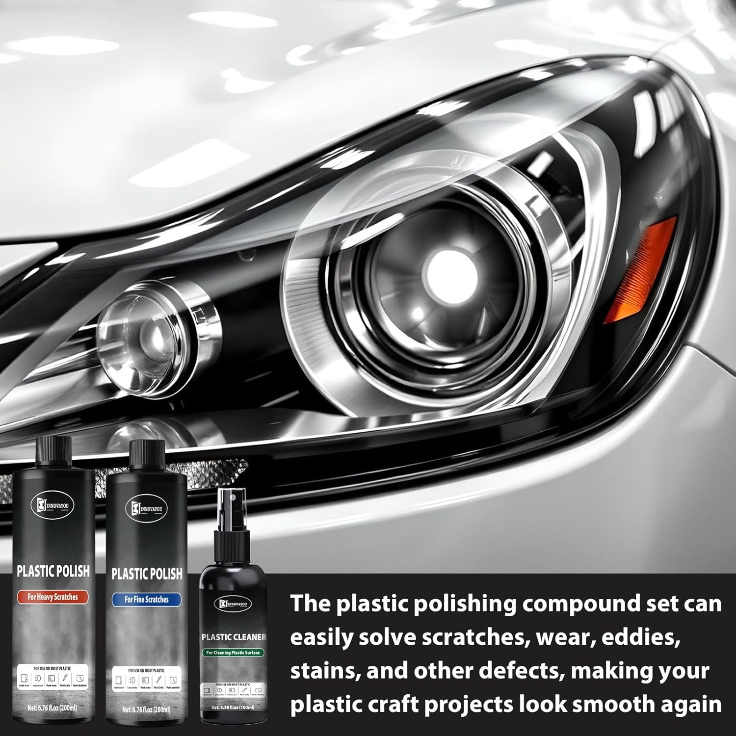 INNOVAYOU Plastic Polish Kit, Plastic Scratch Remover 14.1Oz and Cleaner 3.52Oz, Plastic Cleaner and Polish Removes Scratches & Scuffs, Ultra Fine Scratch Remover for Acrylic Surfaces image number 4