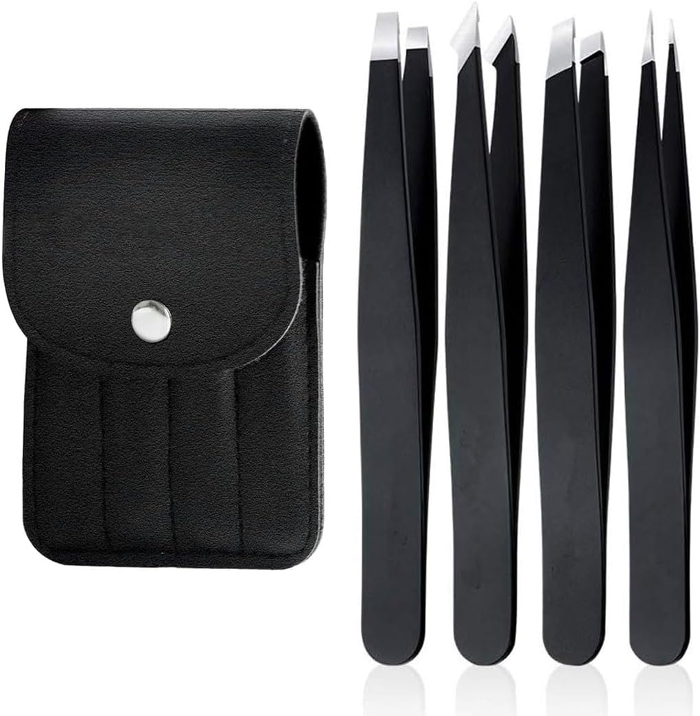Idopick 4 Pack Tweezers Set, Professional Stainless Steel Tweezers for Eyebrows Great Precision for Facial Hair, Splinter and Ingrown Hair Removal with Leather Travel Case,Black image number 2
