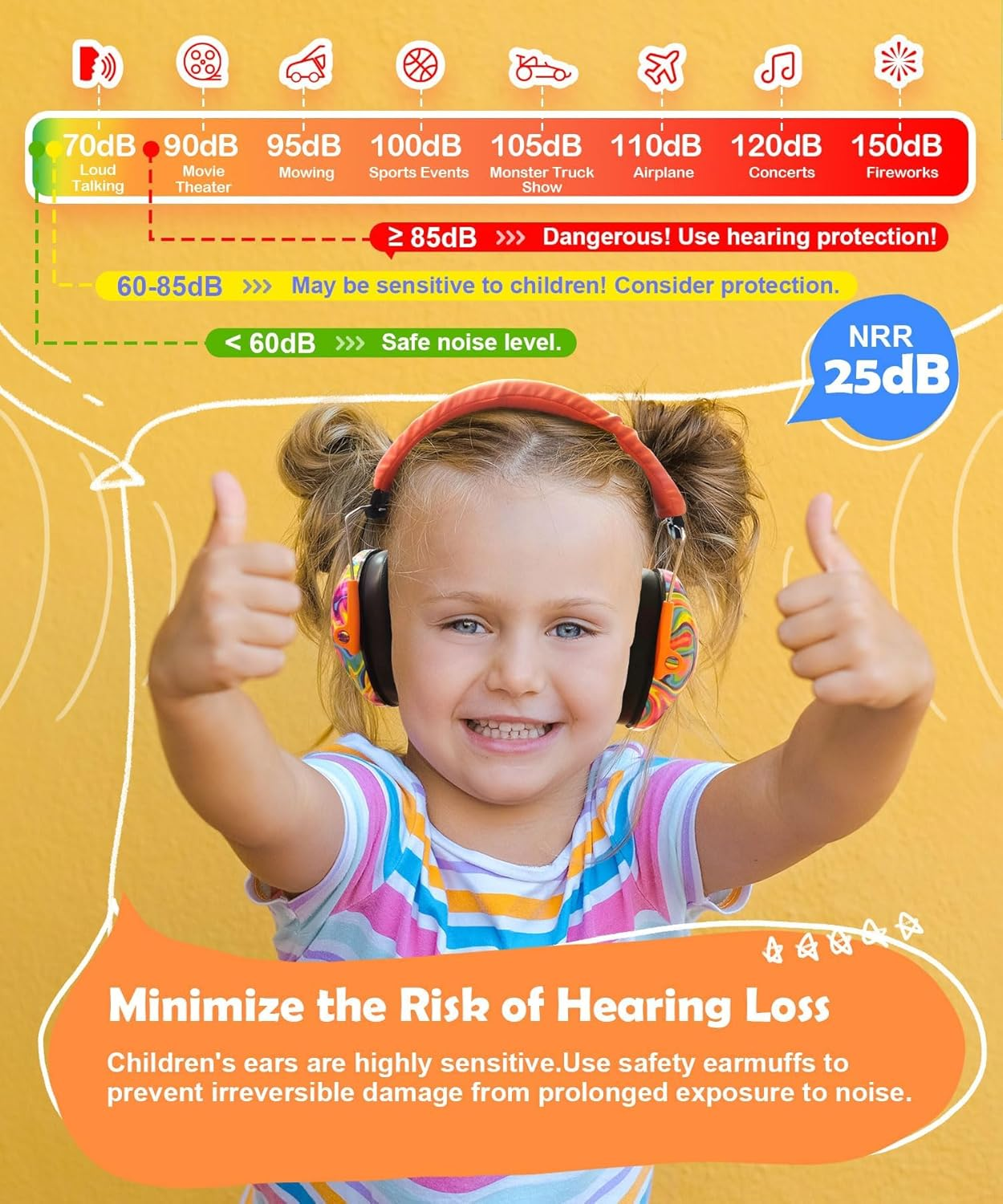 PROHEAR 032 Kids Ear Protection - Noise Cancelling Headphones Ear Muffs for Autism, Toddlers, Children - Orange - Firework Pattern image number 3