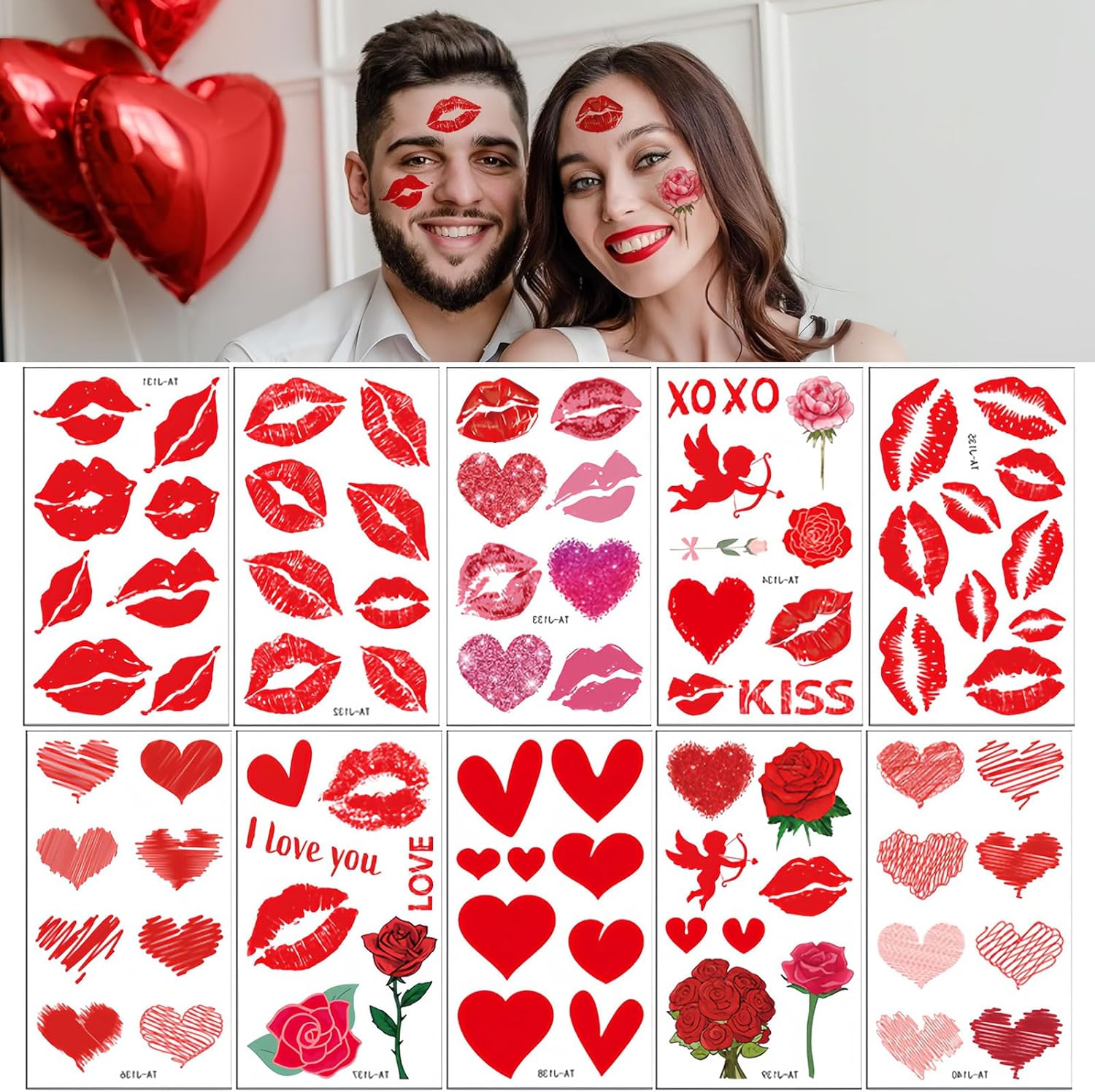 HATOTO Valentines Day Temporary Tattoo for Adult Kids, Red Heart Lip Fake Tattoos, Love Rose Line Hearts Tattoo Stickers, Semi Permanent Tattoo for Women Valentines Wedding Decoration 10 Sheets - Style 2 image number 7