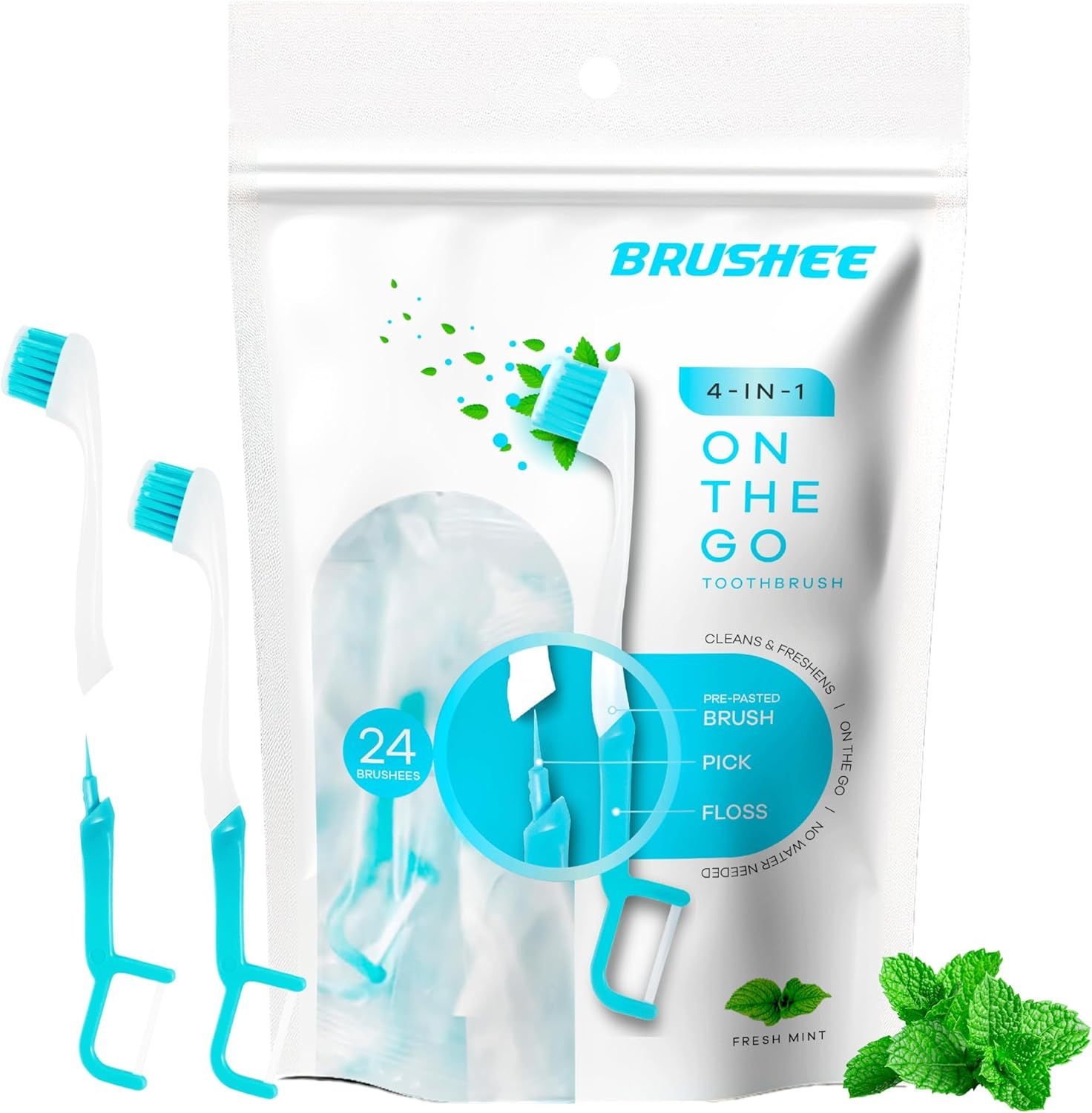 Brushee - the Evolution of Oral Care | 4-In-1 Tool (Paste + Brush + Floss + Pick) | Individually Wrapped | Disposable | Prepasted Travel Toothbrushes | Small Adult Toothbrush - (24-Pack) image number 4