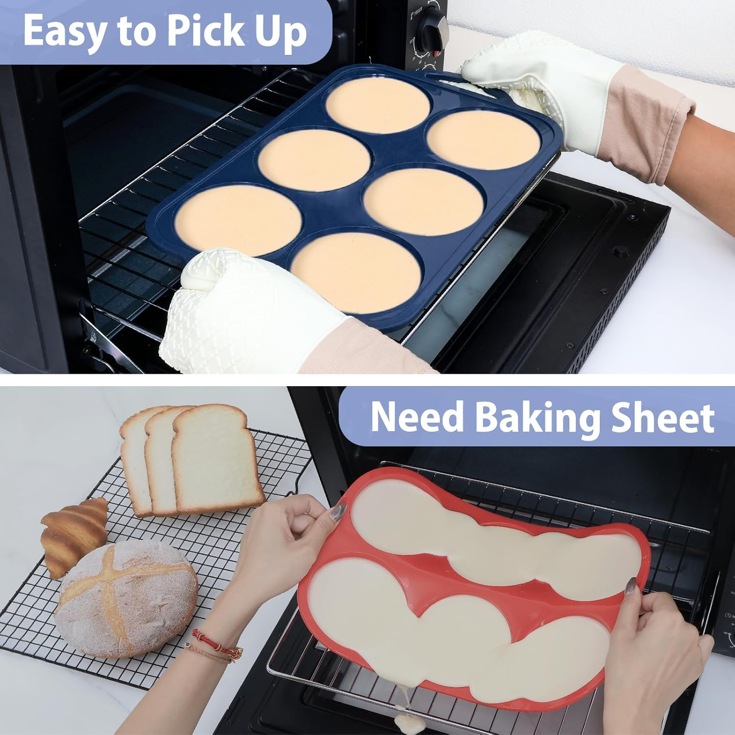 4 Inch Jumbo Silicone Muffin Top Pan with Metal Frame, Non Stick Silicone Egg Mold for Oven, Large Whoopie Pie Baking Pan for English Breakfast Sandwich, Egg Bite by Folksy Super Kitchen, Grey image number 5