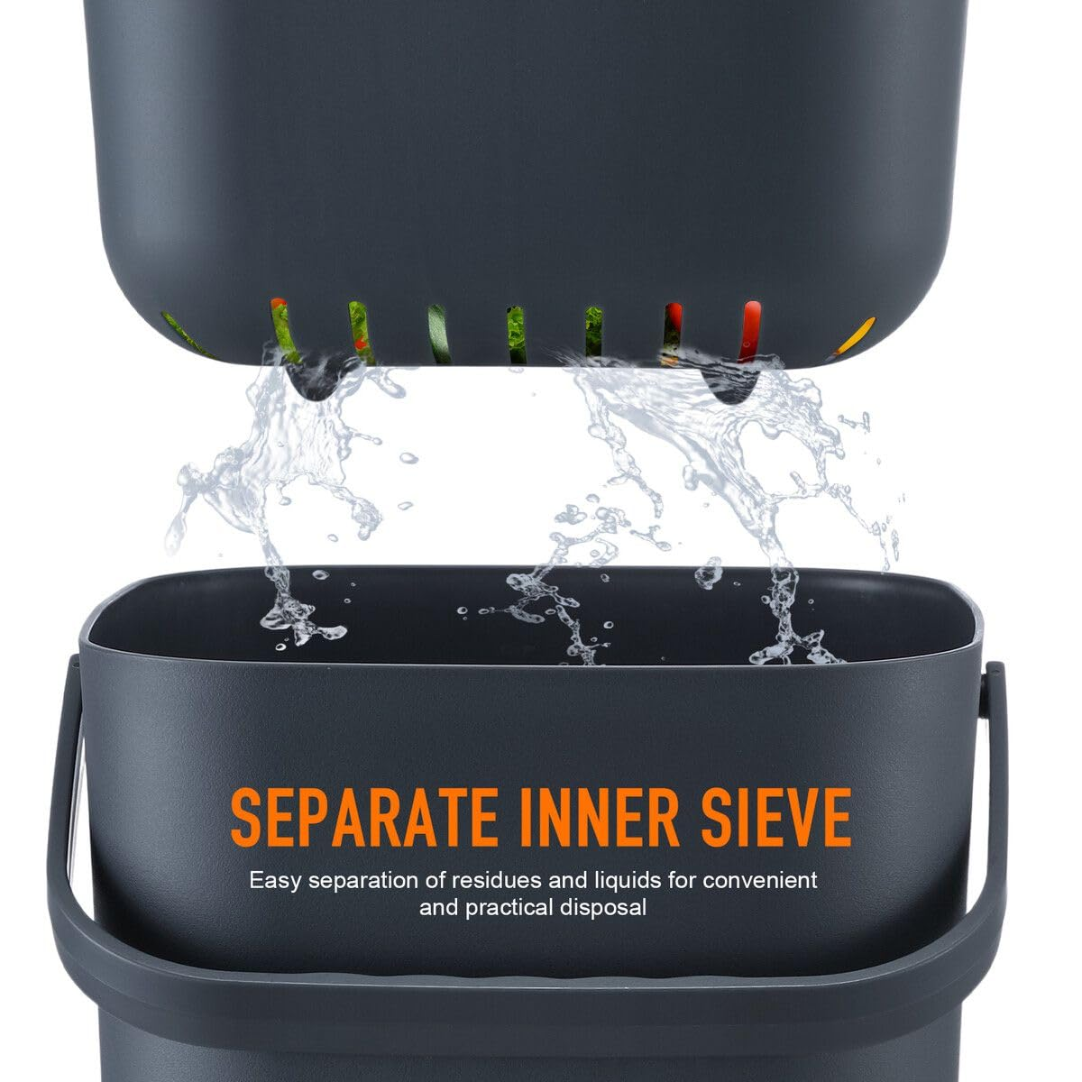 7L Kitchen Compost Bin Plastic Rubbish Waste Bin Countertop Dustbin Trash Can with Detachable Inner Bucket Dark Grey image number 4