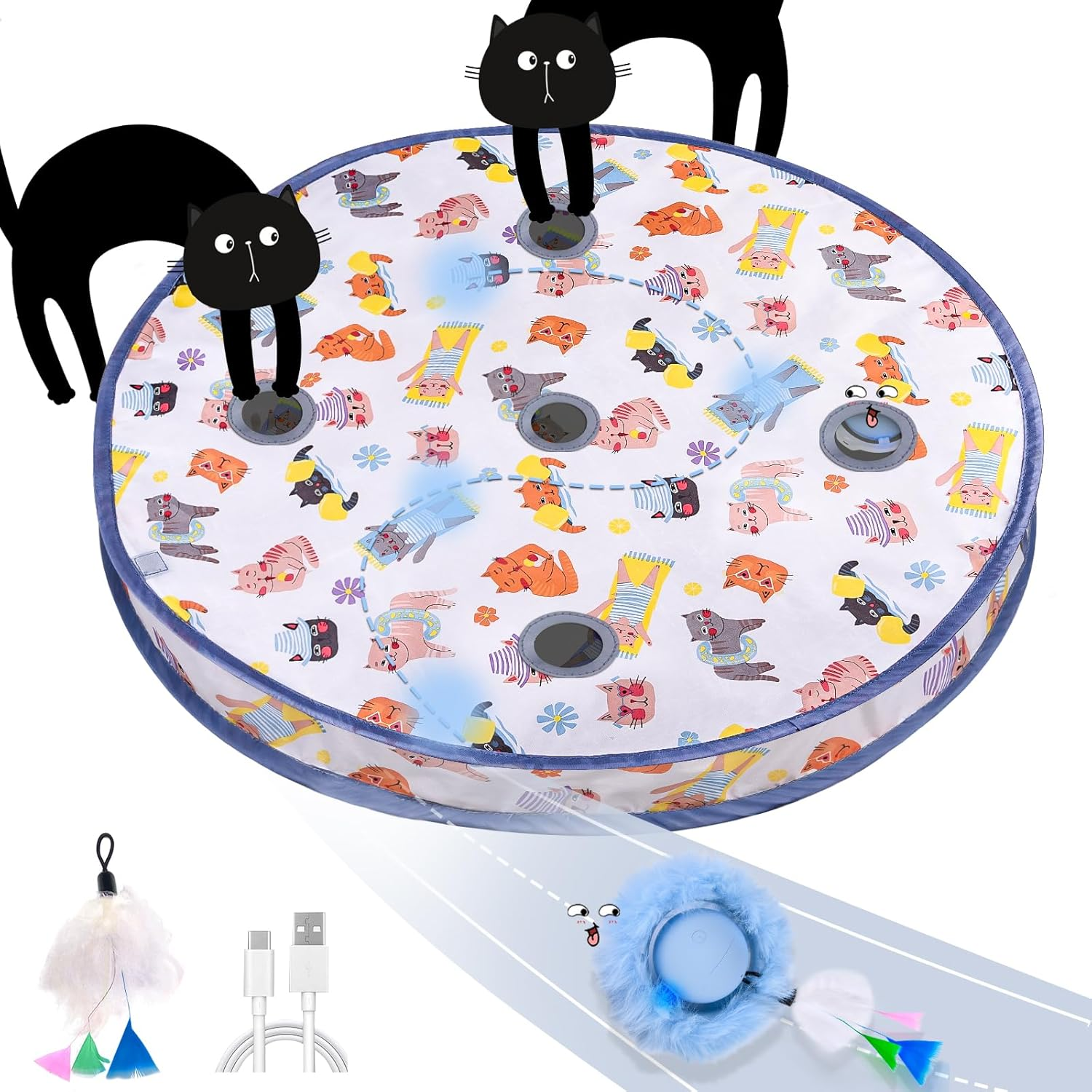 Goldensun Cat Toy Ball, Motion Chirping Activated Movable Ball, Mat Mouse Catching Game Blue, 5-Hole Hide and Seek Game for Cats Indoor