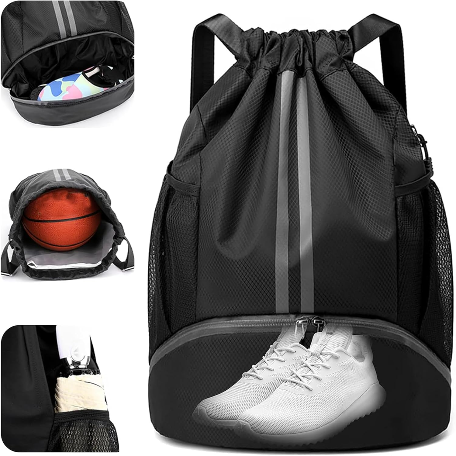 Sports Drawstring Gym Bag with Shoe Bag, Waterproof Drawstring Bag with Wet Pocket & Mesh Bottle Pockets for Women Men, Sport Bag for Swim Travel Fitness Workout image number 1