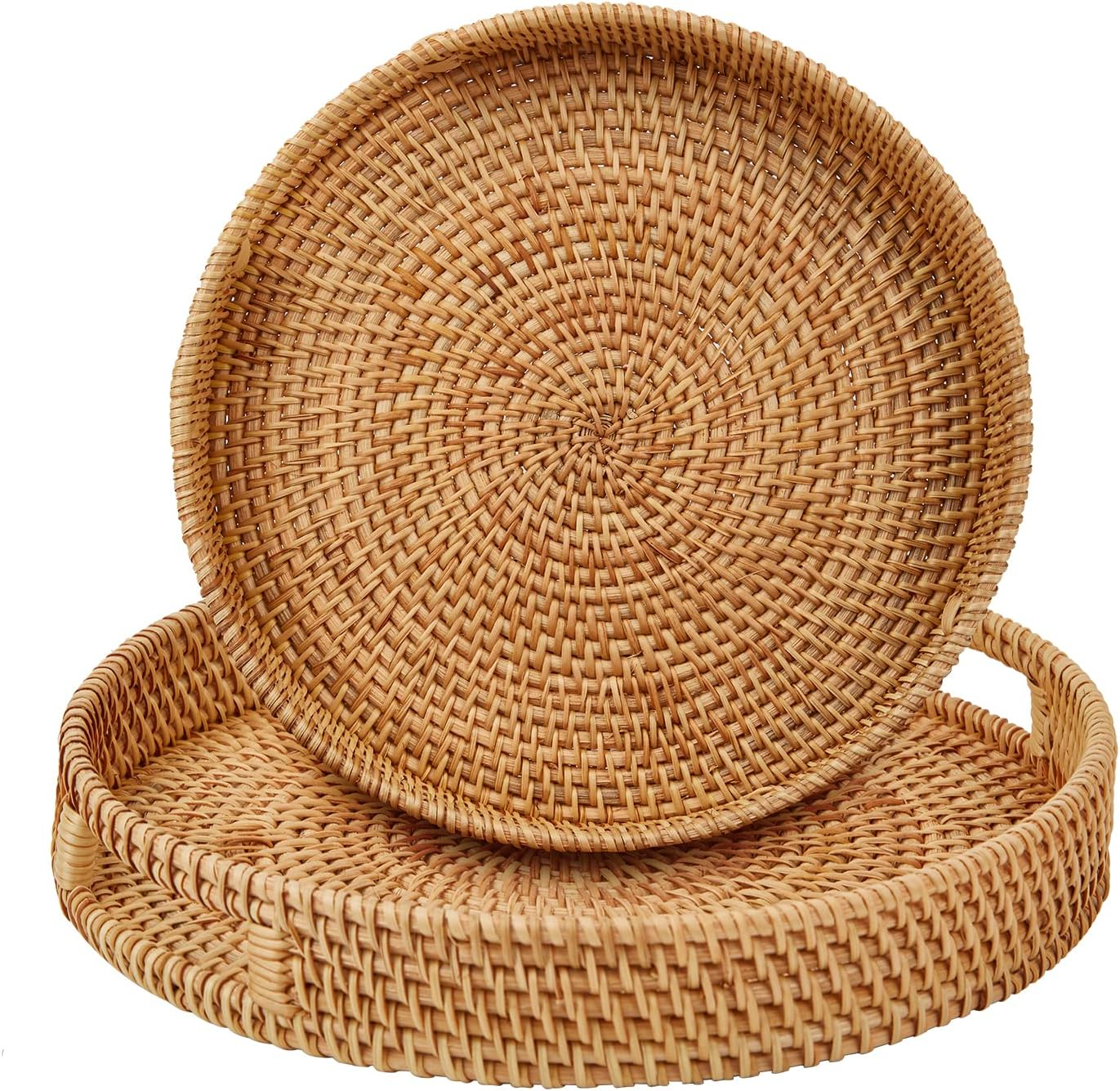 Whalehub round Rattan Serving Tray with Handles, Hand Woven Basket, Home Decor Organizer Tray for Breakfast, Tea, Snack, Fruit, Coffee,Storage (Large)(14.17Inchx2.3Inch)