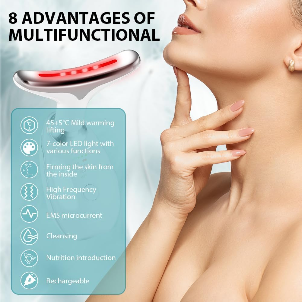 ACWOO Face Massager against Wrinkles, 3-In-1 Neck and Face Massager, Electric EMS Face Massage for Men and Women, 45&deg;C V Face Beauty Meter Facial Device, 7 Coloured LED Modes image number 2