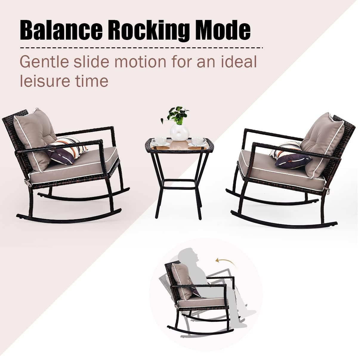 Costway 3PCS Patio Rocking Chair Set W/Lumbar Pillows, Soft Detachable Cushions, All Weather Chaise Lounge Chairs, Outdoor Rattan Wicker Bistro Set - Two Chairs & Tempered Glass Coffee Table (Brown) image number 3