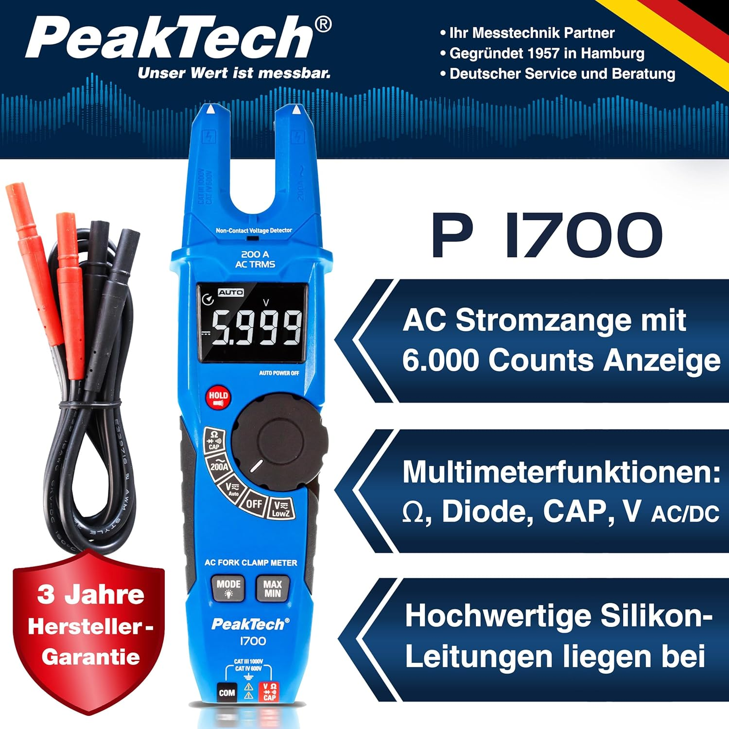 Peaktech P 1700 &ndash; True RMS Measurement Fork Clamp, 200A AC, 1000V, LCD Inverted, CAT III 1000 V, CAT IV 600 V, 6.000 Counts image number 3