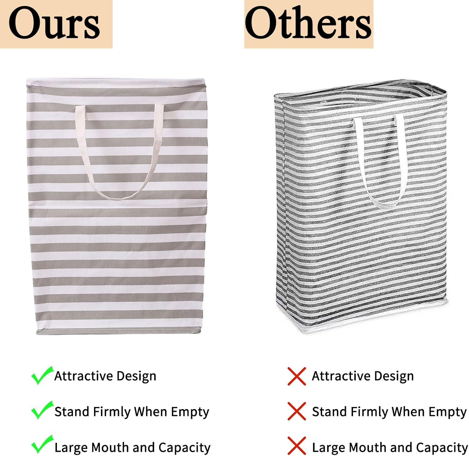2-Pack Large Laundry Basket, Waterproof, Collapsible Tall Clothes Hamper with Extended Handles for Clothes Toys in the Dorm and Family-(75L, Stripe) - 1-Pack Stripe image number 5