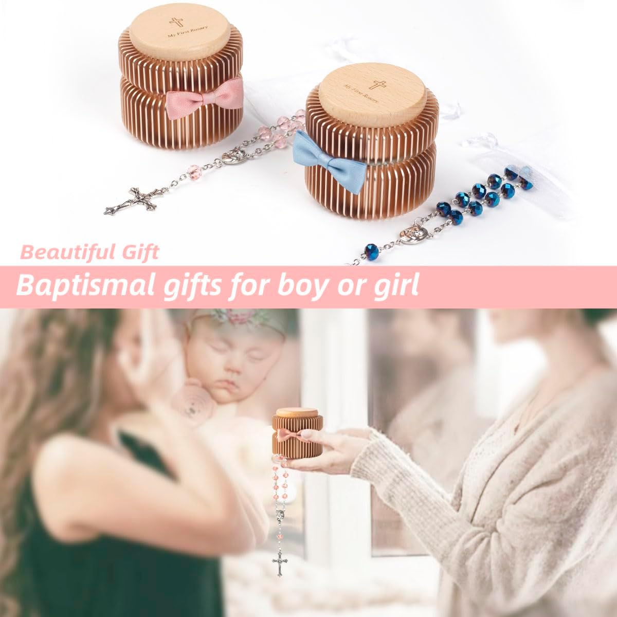 Catholic Baptism Gift Set My First Rosary & Aluminum Alloy Keepsake Box, Catholic Baptism Gifts for Baby Girl or Dedication Baptism Gifts for Girl or Kids (Pink Gold) - Pink Gold image number 2