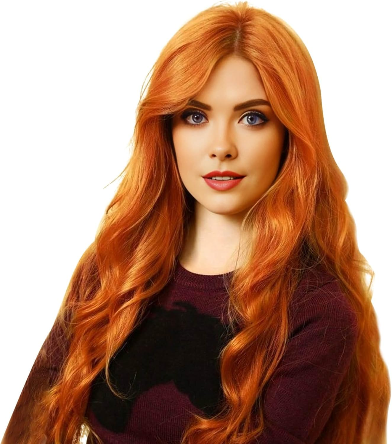 BECUS Long Ginger Wigs for Women Orange Wavy Curly Wig with Bangs Synthetic Hair Wig