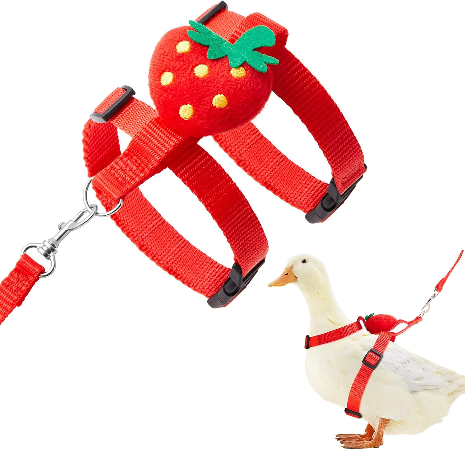 Siltriangle Cole Duck Harness Leash Set Adjustable Walking Cole Duck Harness Rope Pet Vest Cute Strawberry Pattern Outdoor Training Traction Rope for Chicken Rabbit Kitten Pig Puppy Small Animals(Xs) image number 4
