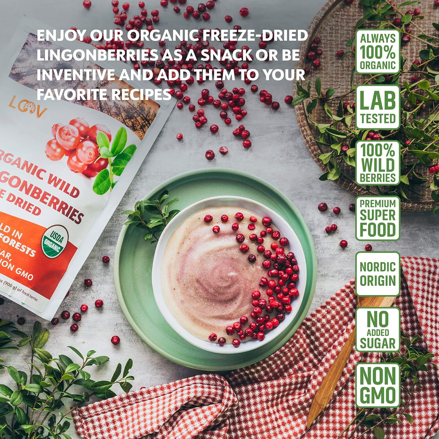 LOOV Freeze Dried Organic Wild Lingonberries, No Sugar Added, 100% Dried Whole Fruit Lingonberries, Wild-Crafted from Northern European Forests, 113 G, 23-Day Supply, Non-Gmo image number 2